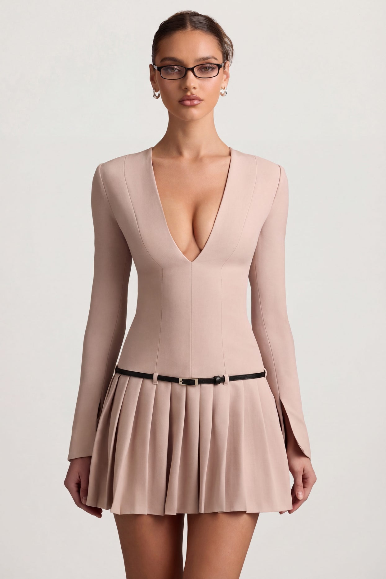 Oh Polly's Anna wearing the Fiorella Mini Dress in Mushroom Stretch Woven fabric perfect for holiday gatherings