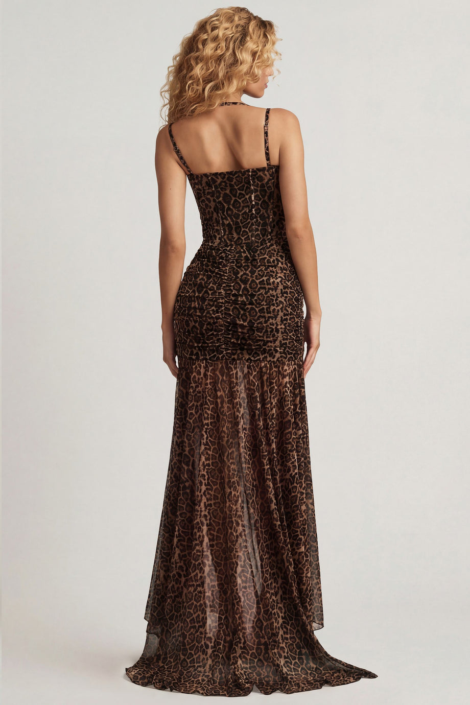 Oh Polly's Juliana Nulu wearing the Haruna Gown Length Dress in Leopard Mesh fabric perfect for a night out