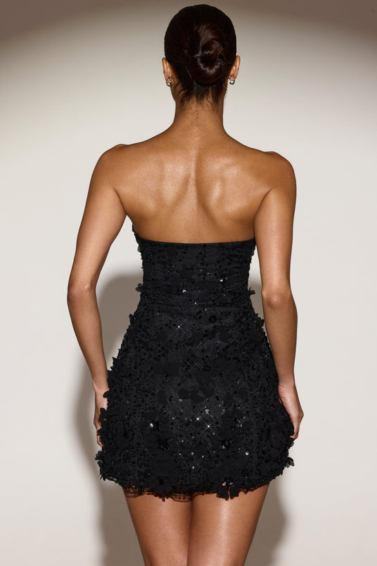 Embellished Bandeau A-line Mini Dress in Black