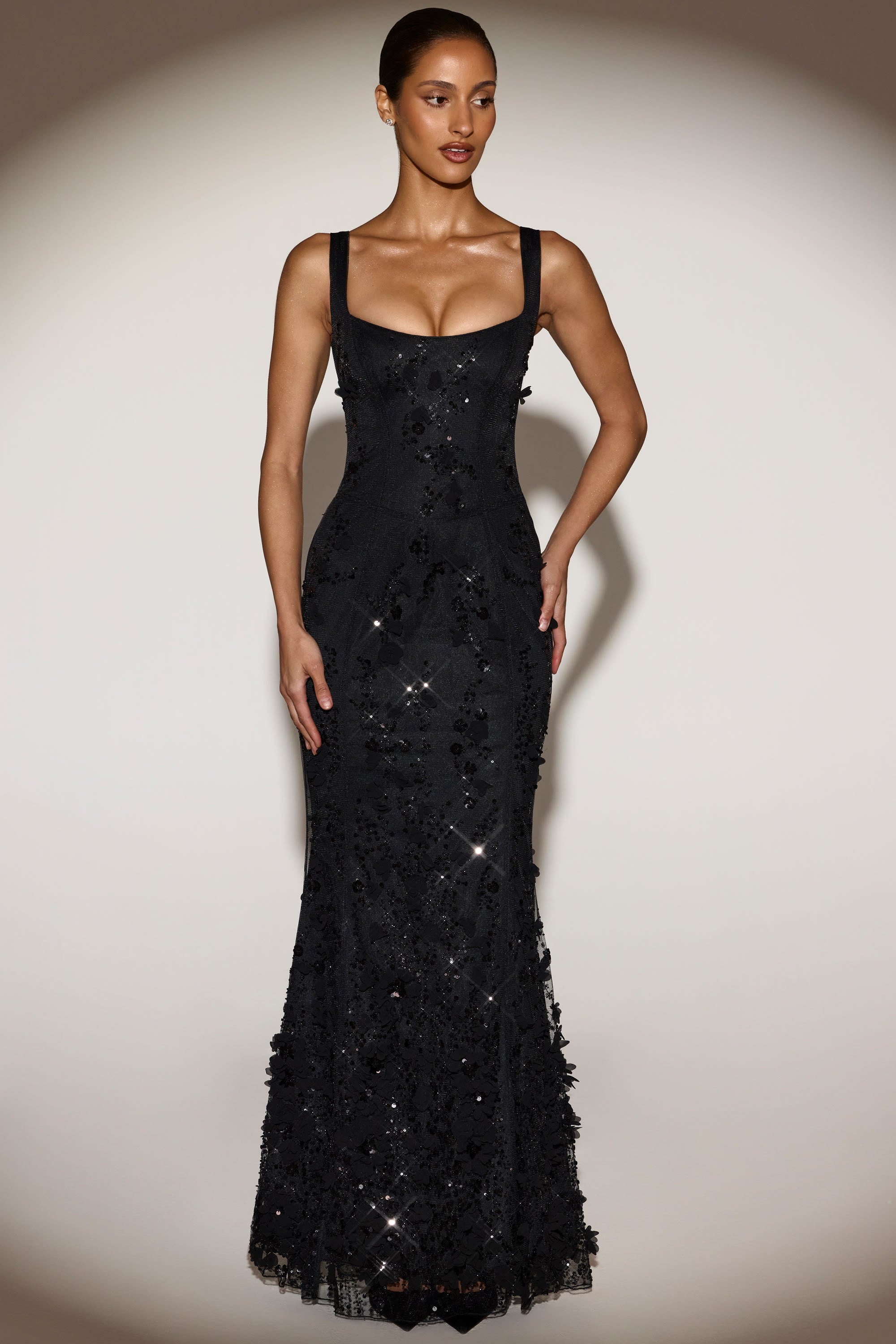 Mallory Bow-Detail Lace-Trim A-Line Midi Dress in Black