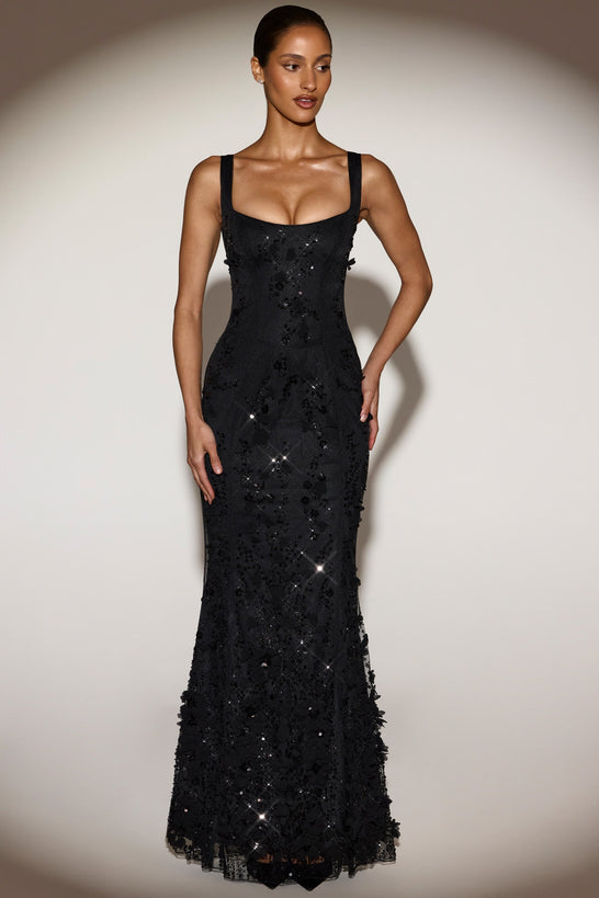 Embellished Fishtail Corset Gown in Black