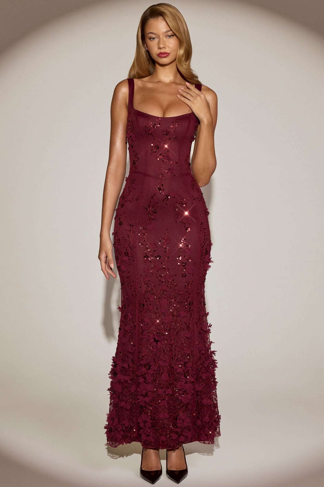 Embellished Fishtail Corset Gown in Wine Red