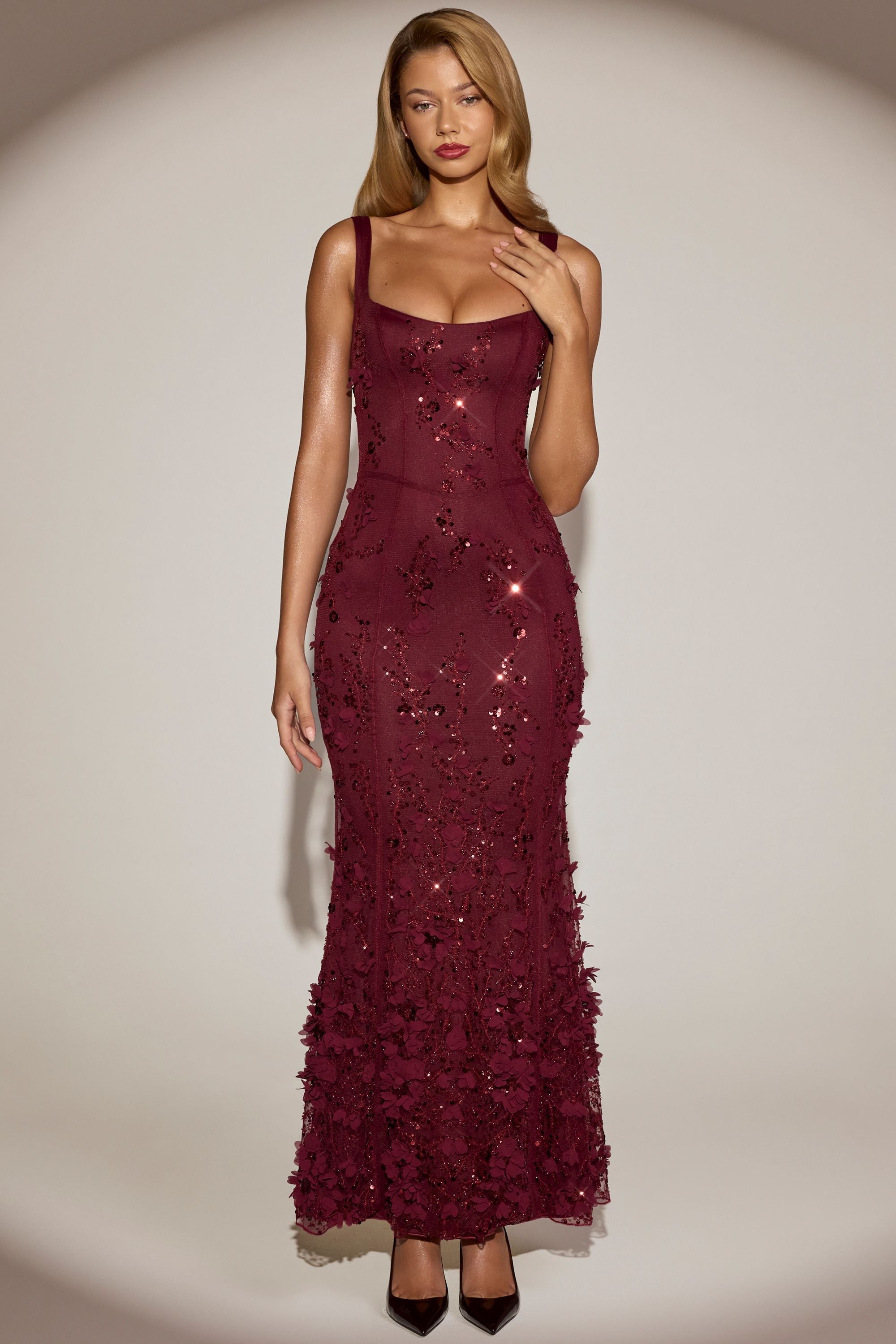 Embellished Appliqué Soft-Scoop Corset Gown in Wine Red