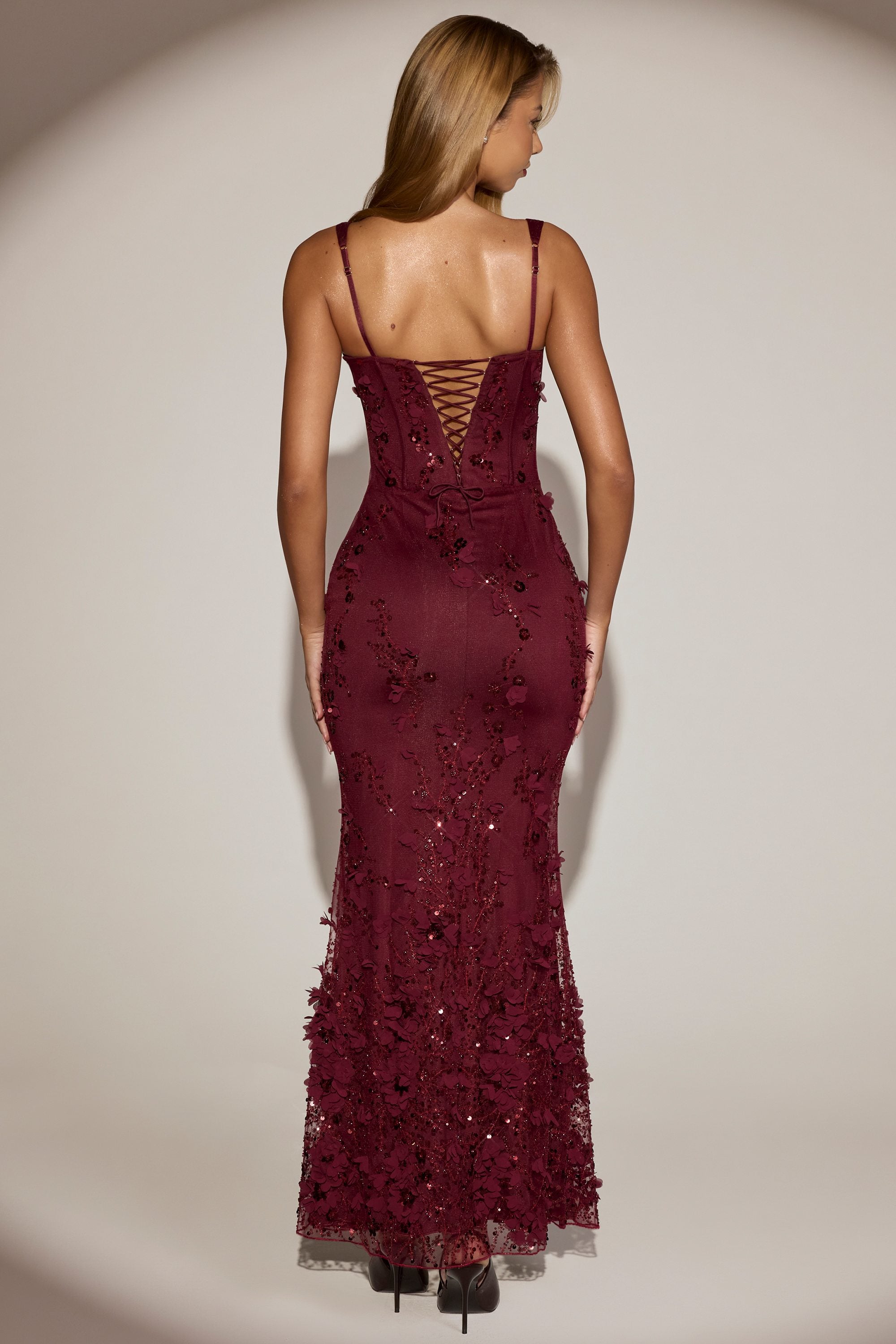 Embellished Appliqué Soft-Scoop Corset Gown in Wine Red