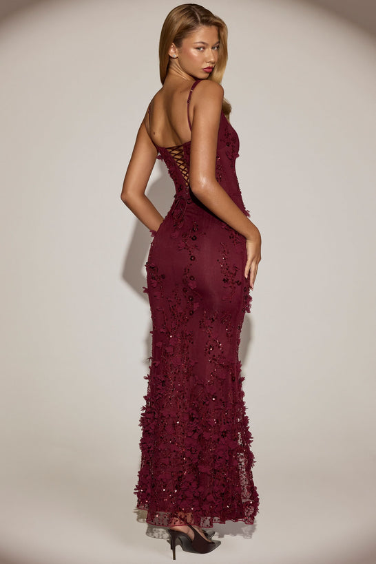 Embellished Fishtail Corset Gown in Wine Red