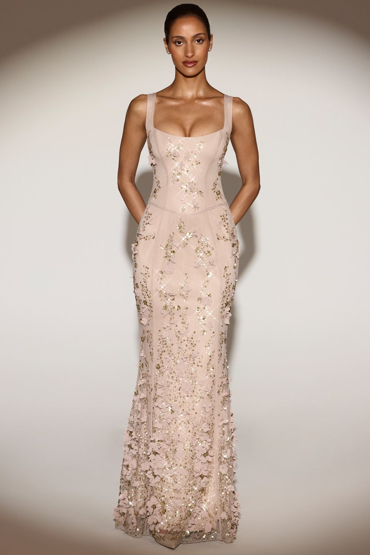 Embellished Fishtail Corset Gown in Pale Gold