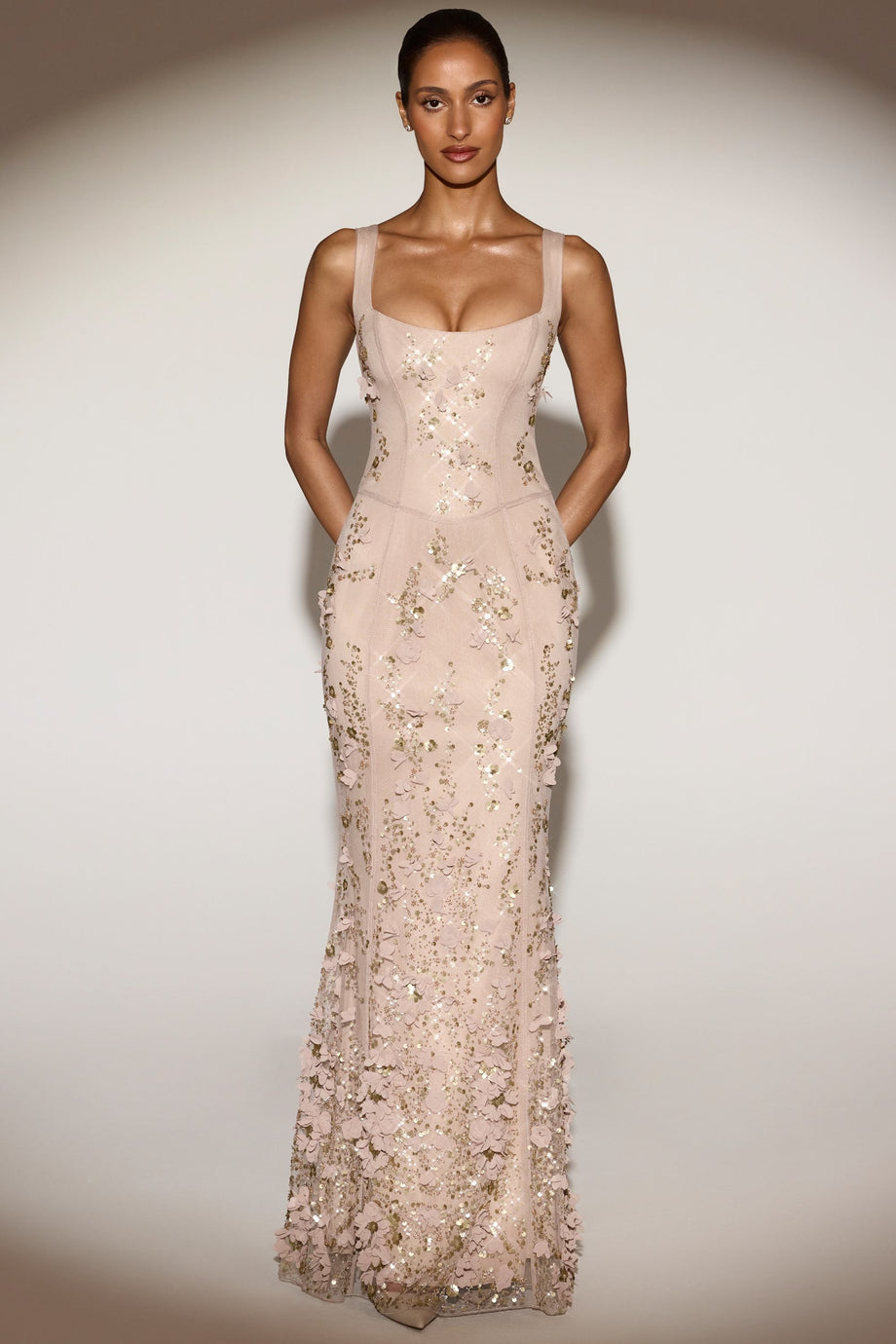 Embellished Fishtail Corset Gown in Pale Gold