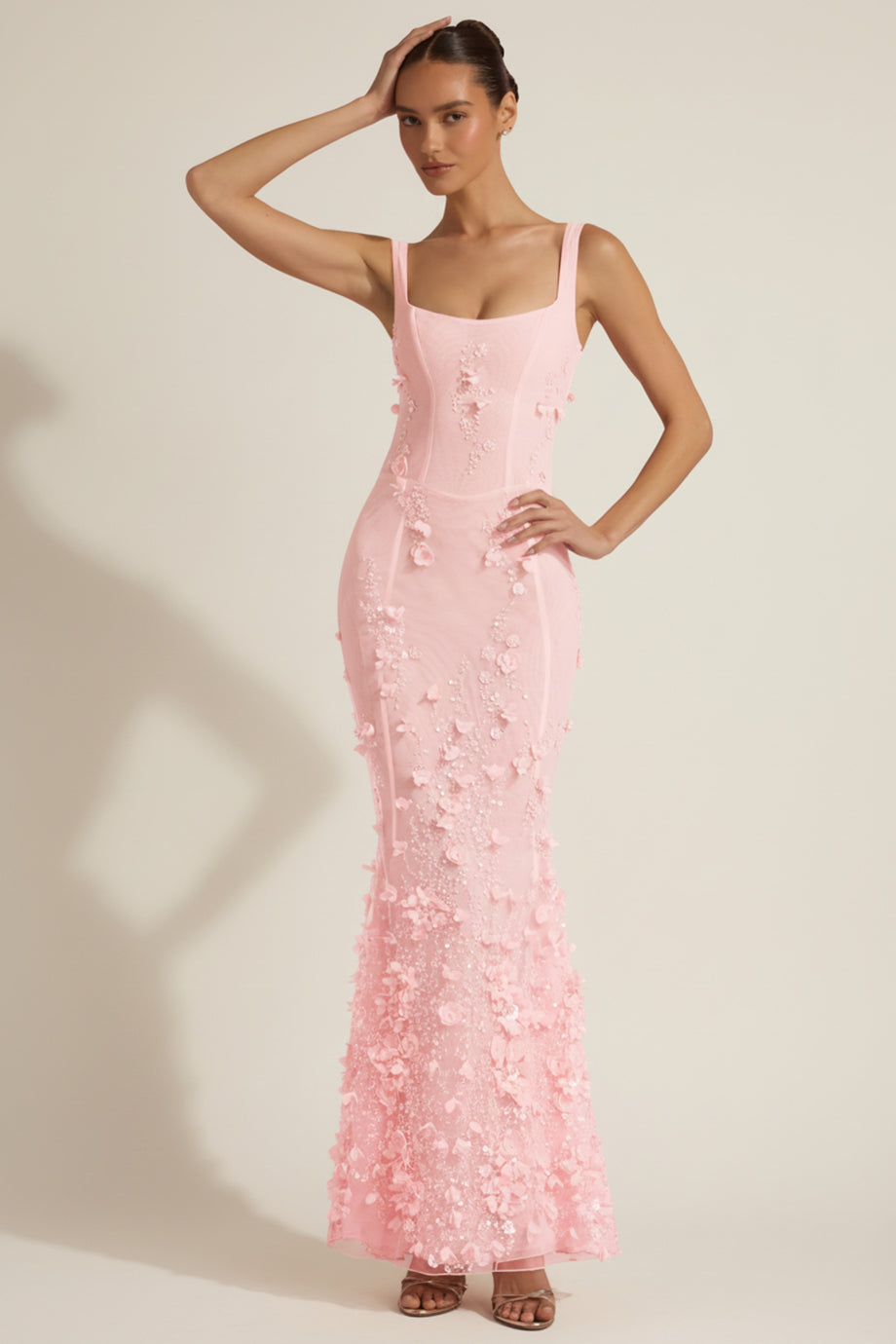 Oh Polly model Anna wearing the Vasanta Gown Length Dress in Pink Embellished fabric perfect for red carpet events