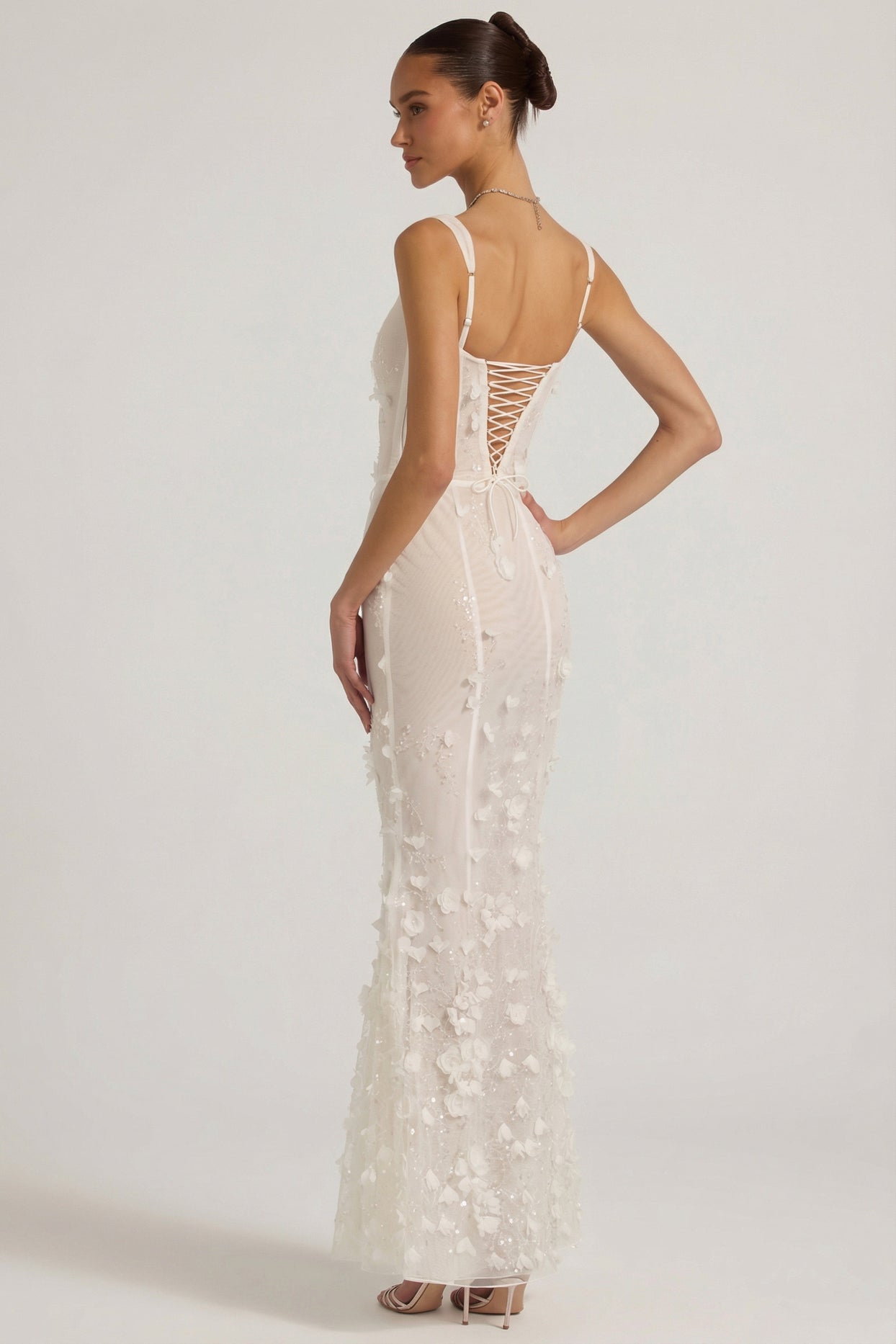 Embellished Appliqué Soft-Scoop Corset Gown in White - 8