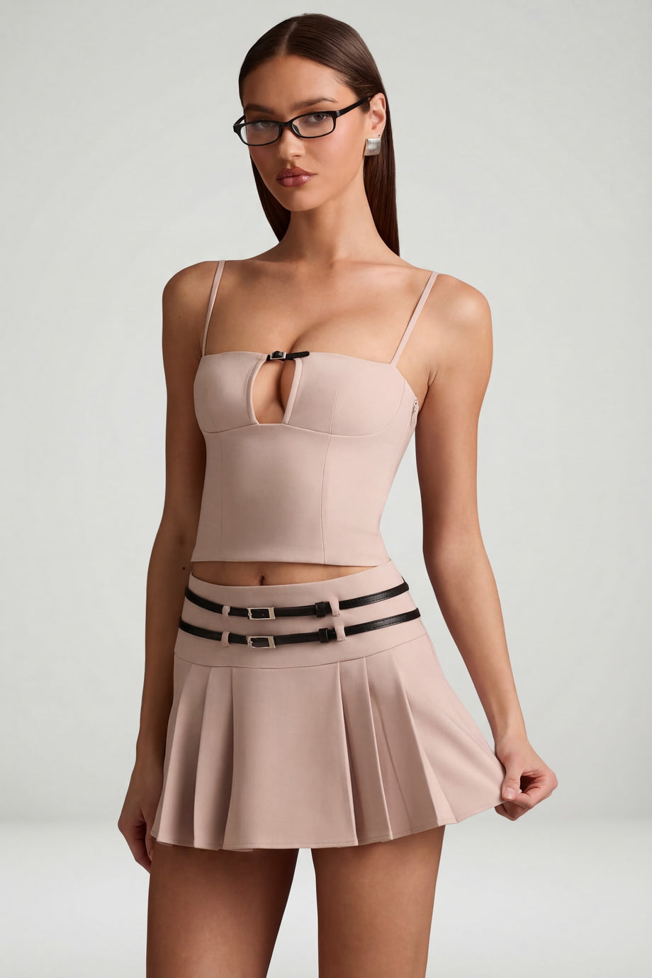 Oh Polly's Anna wearing the Vivia Full Top in Mushroom fabric perfect for city strolls