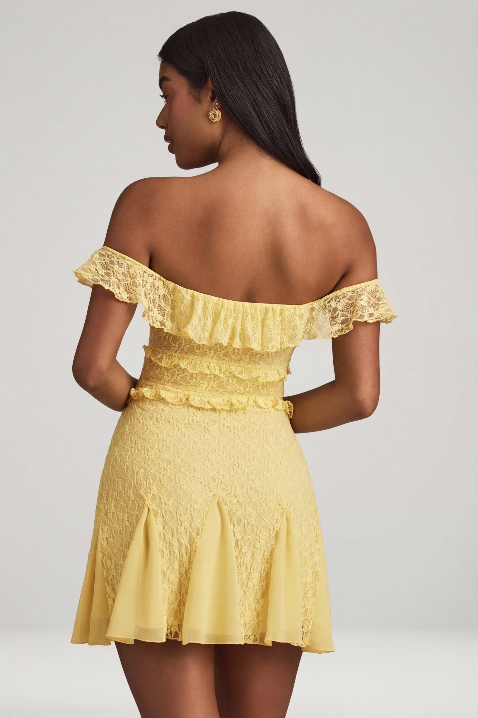 Off-Shoulder Lace A-Line Mini Dress in Pastel Yellow - 2