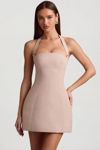 Odessa Pinstripe Halterneck Structured A-Line Mini Dress in Mushroom | Oh Polly Odessa Pinstripe Halterneck Structured A-Line Mini Dress in Mushroom | Oh Polly
