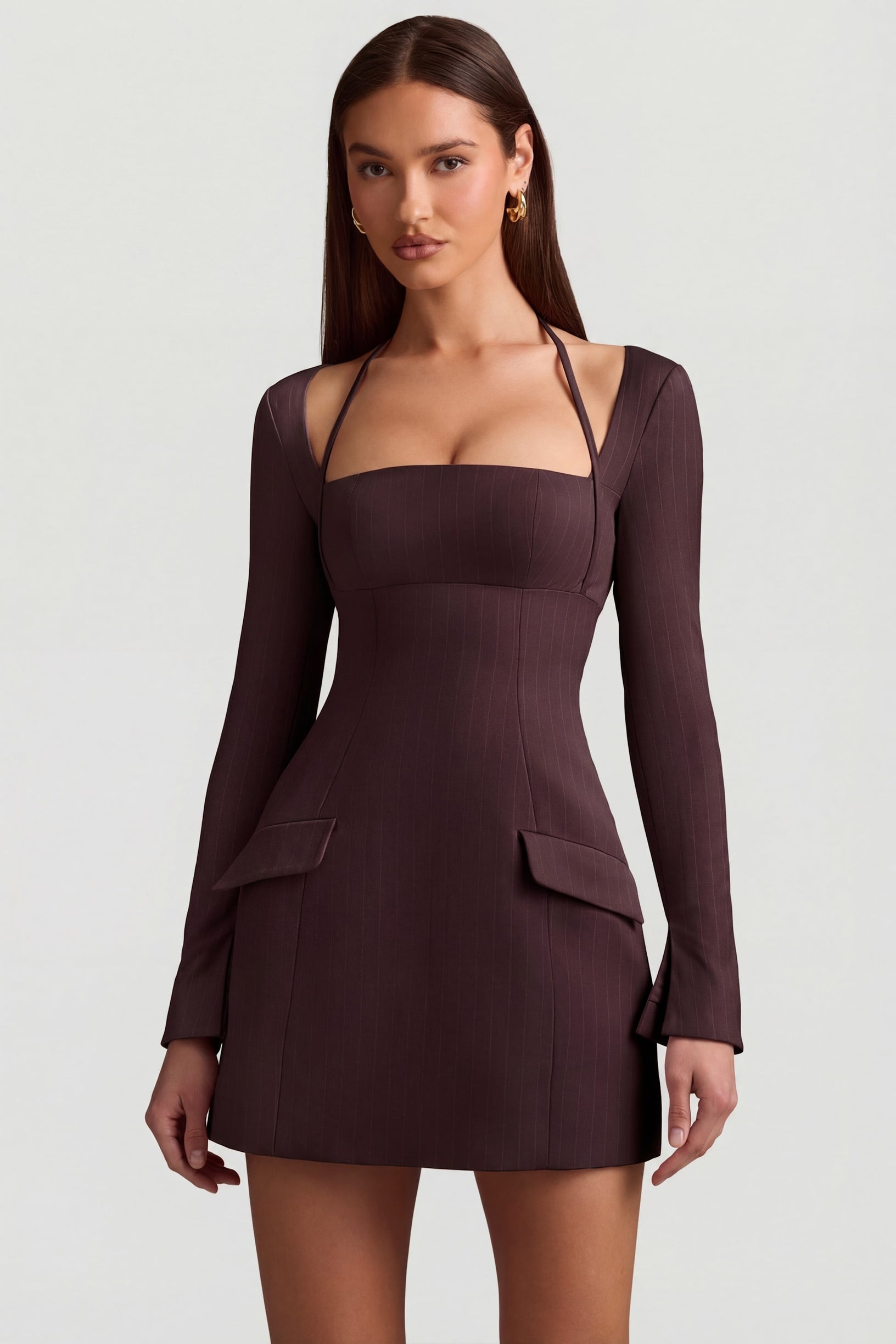 Pinstripe Structured A-Line Mini Dress in Chocolate Brown - 1