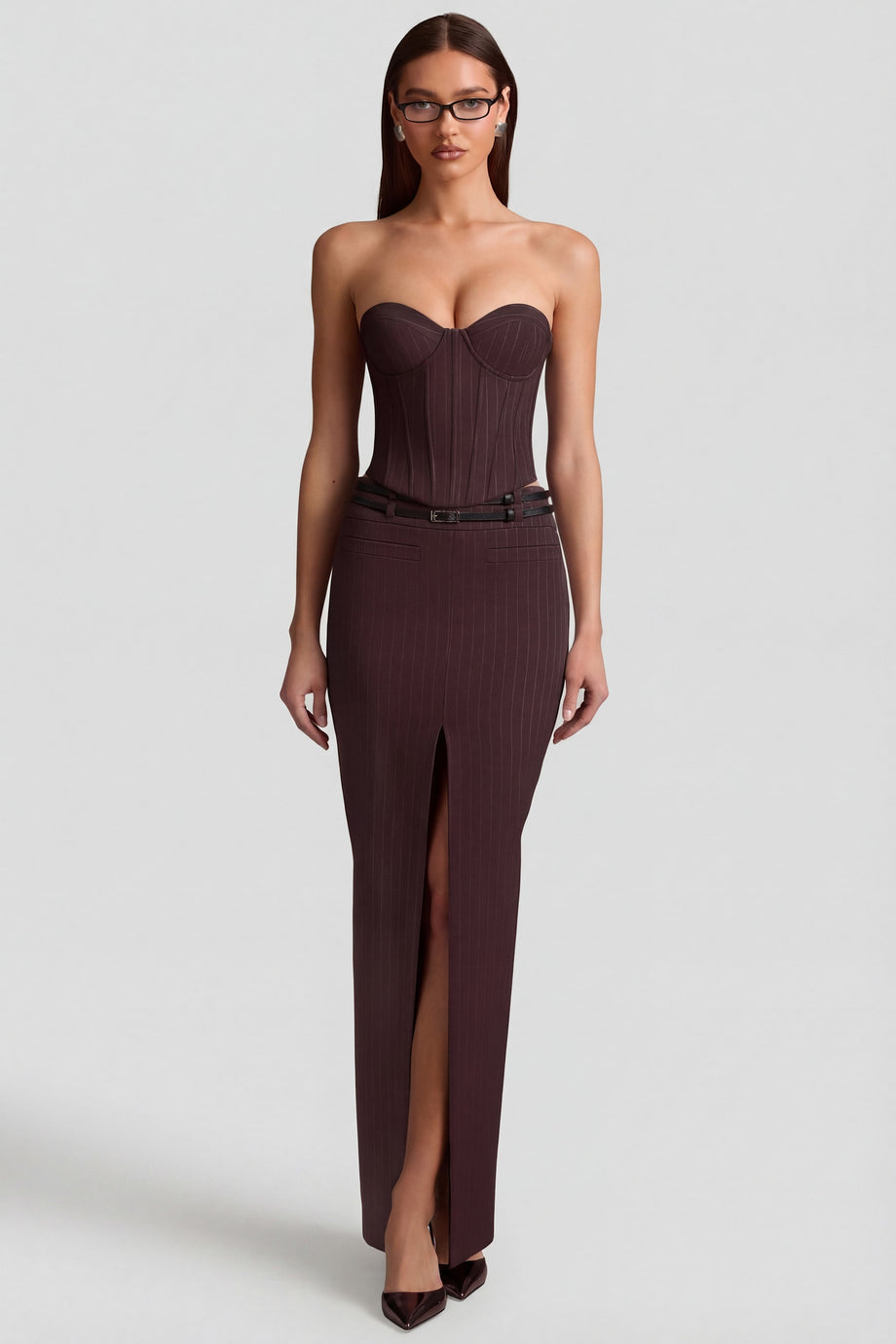 Oh Polly's Anna wearing the Liora Maxi Skirt in Chocolate Brown fabric perfect for date night
