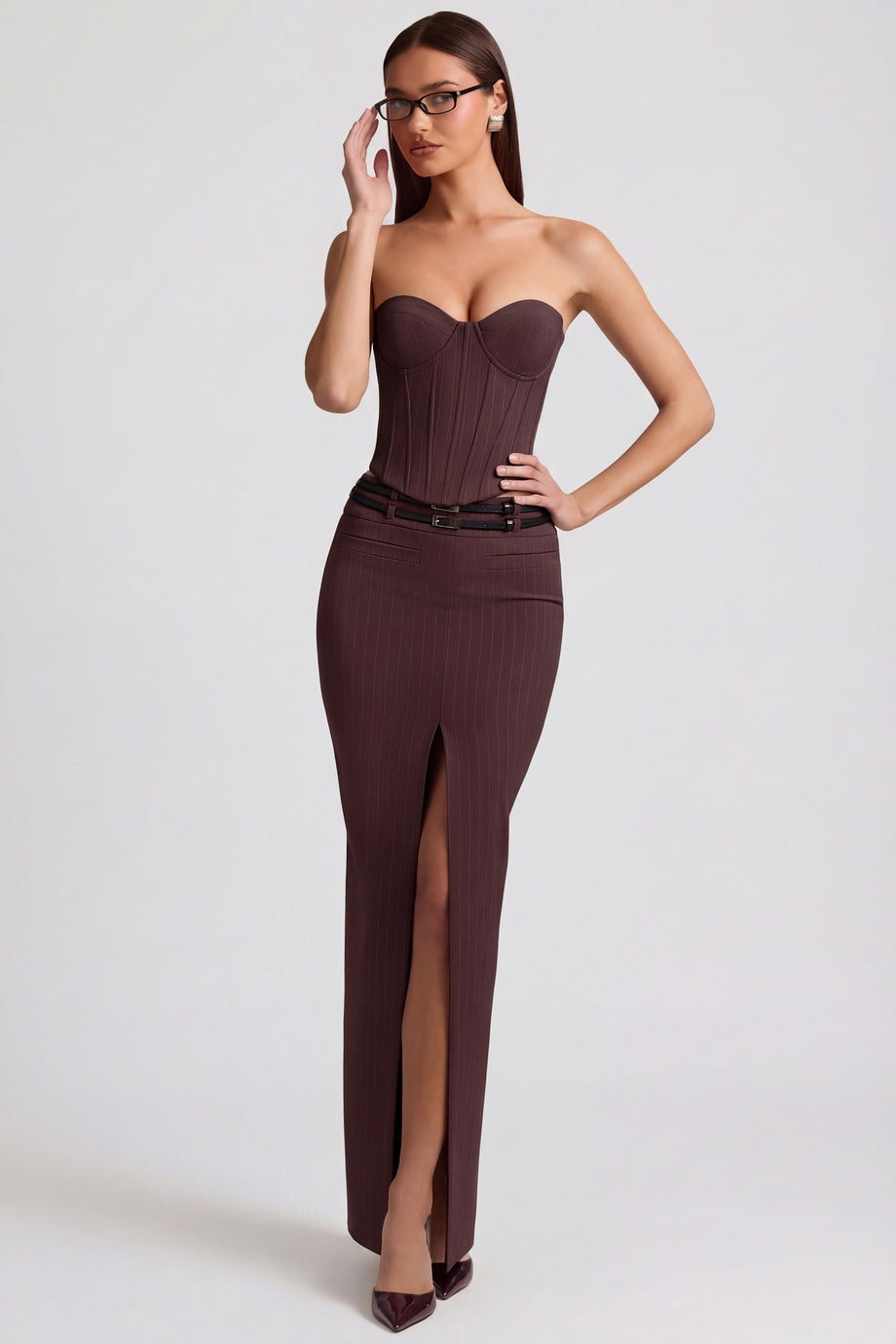 Oh Polly's Anna wearing the Liora Maxi Skirt in Chocolate Brown fabric perfect for holiday gatherings