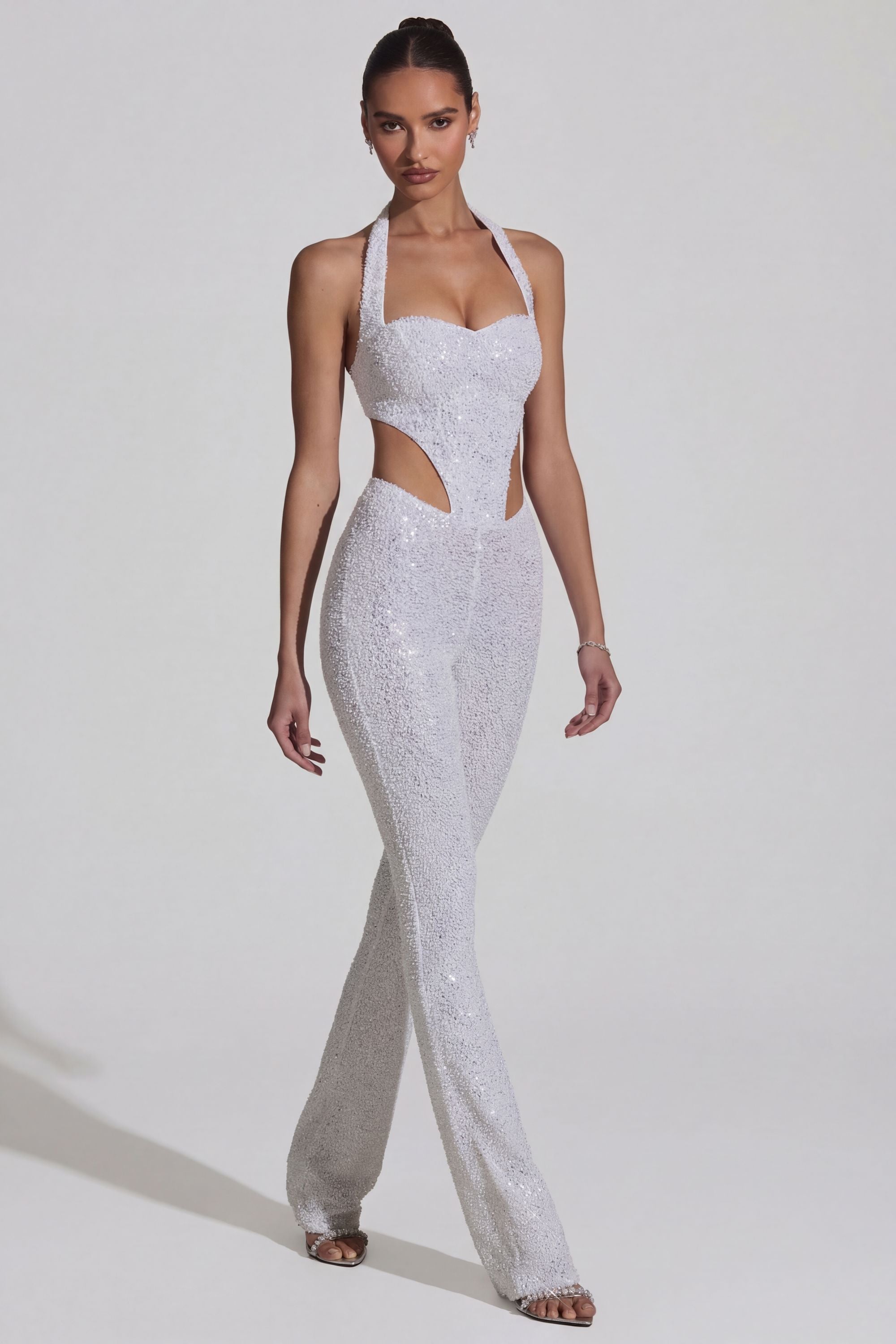 Embellished Cut-Out Jumpsuit in White