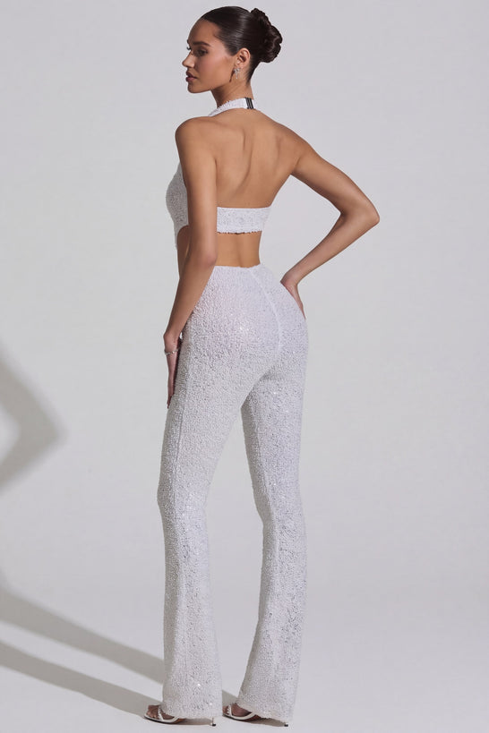 Oh Polly's Anna wearing the Coralena Regular Jumpsuit in White Embellished, Mesh fabric perfect for bridal showers