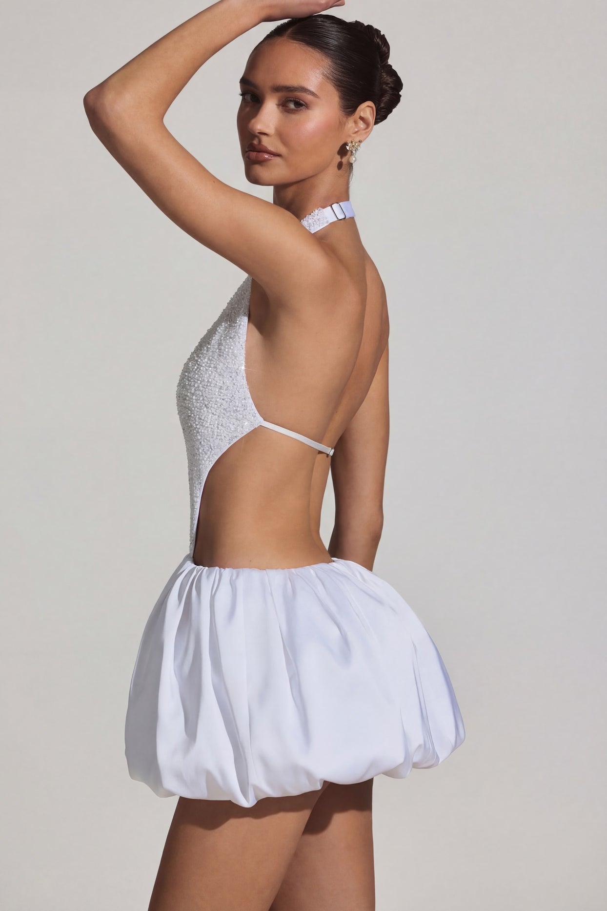 Embellished Cut-Out Bubble Hem Mini Dress in White - 7