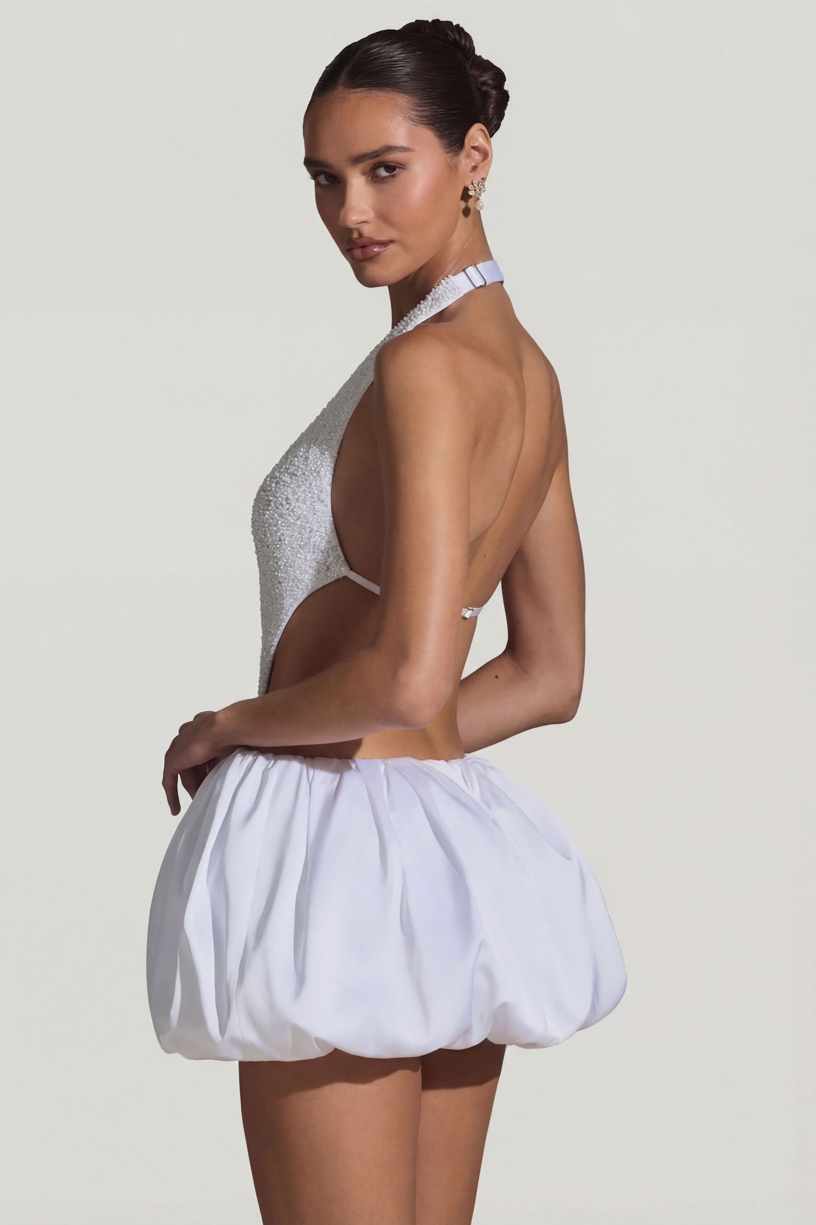 Embellished Cut-Out Bubble Hem Mini Dress in White - 2