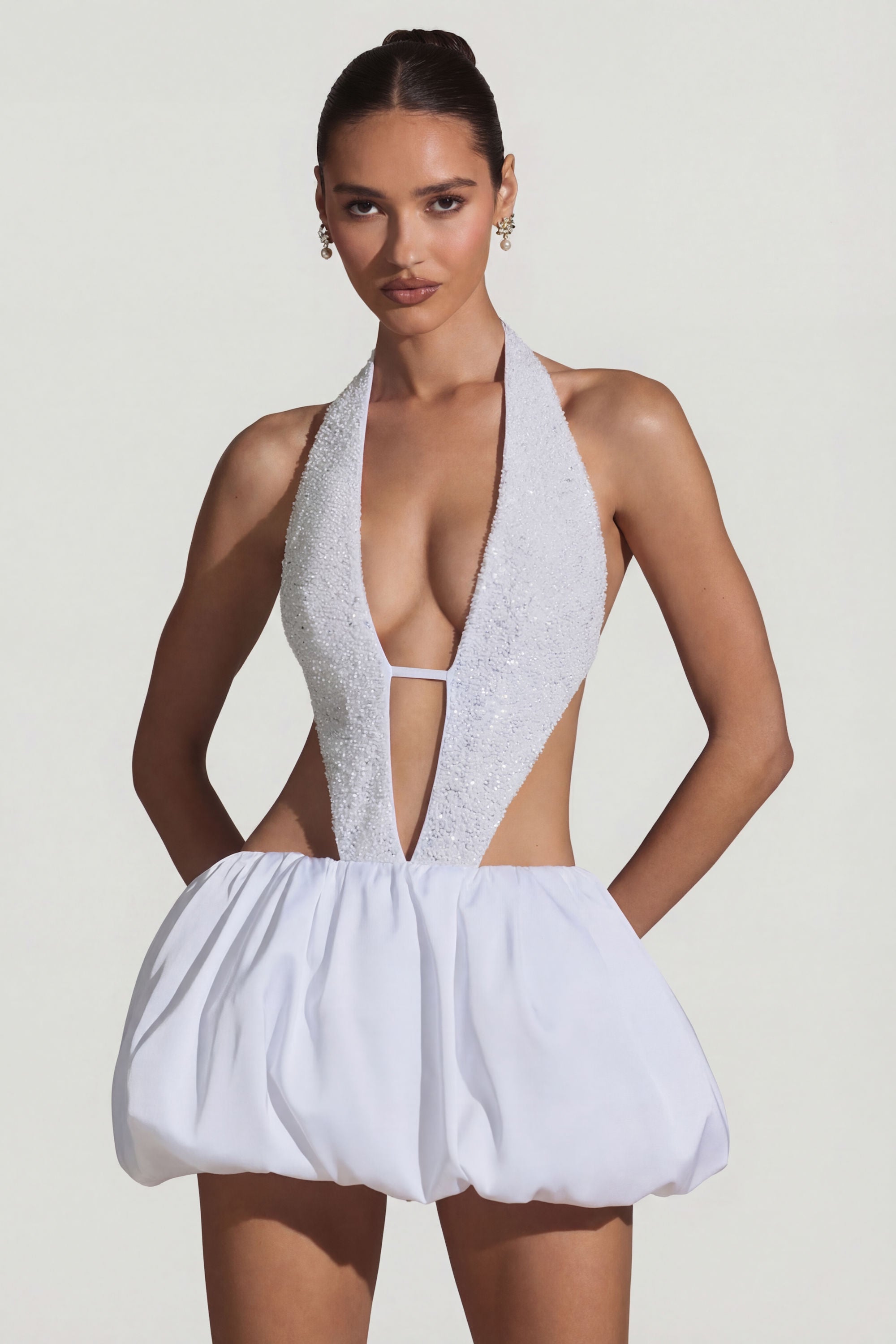 Embellished Cut-Out Bubble Hem Mini Dress in White