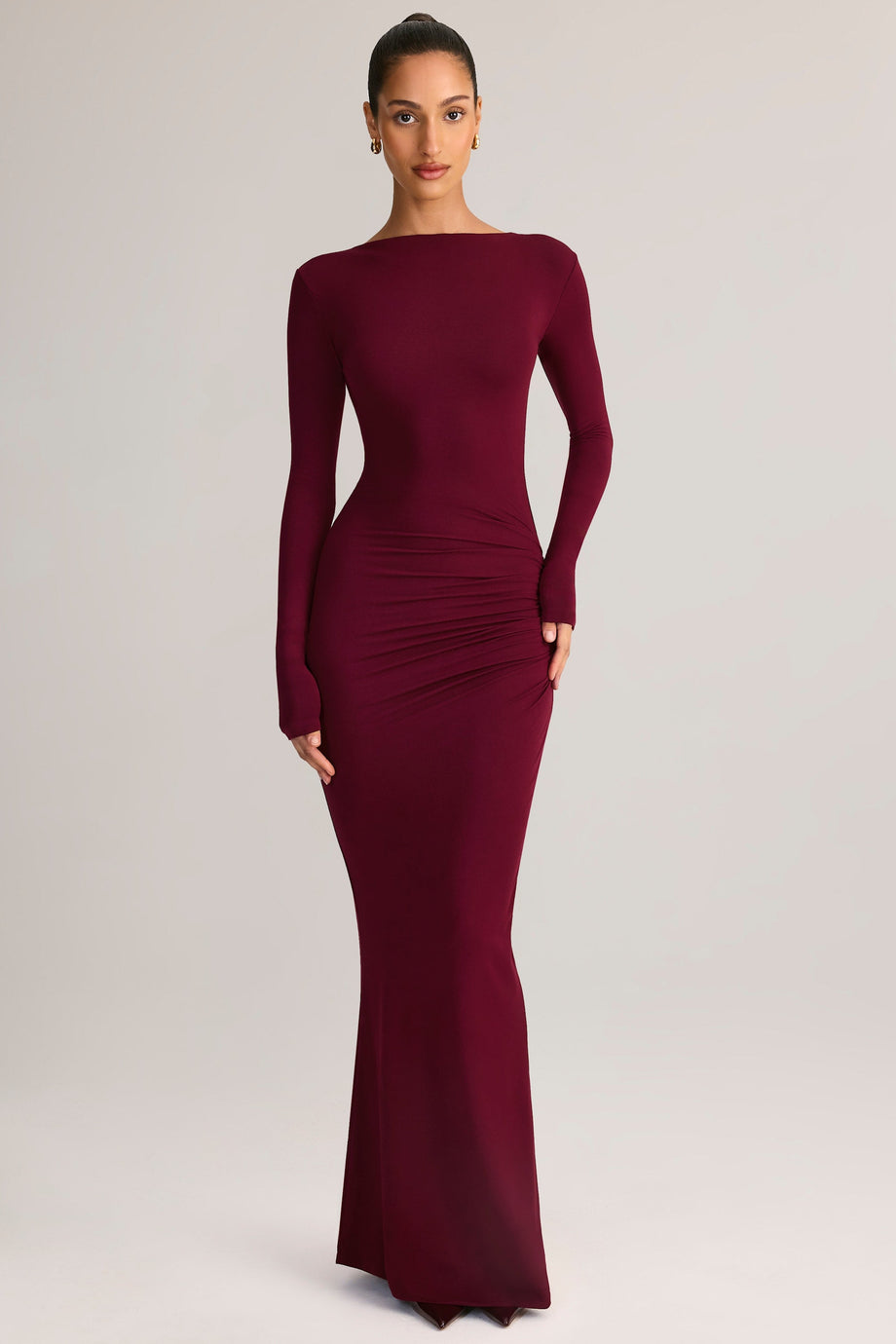 Modal Ruched Backless Maxi Dress in Wine