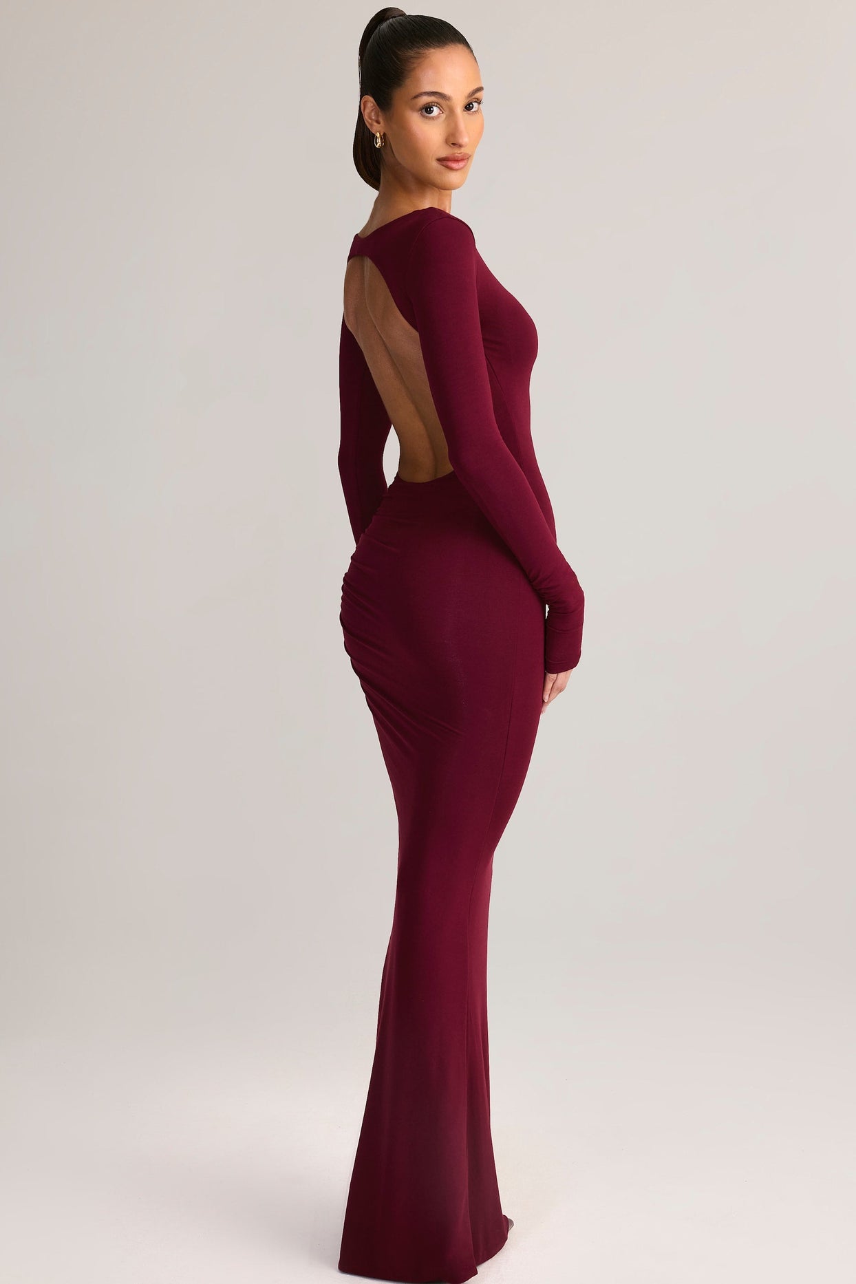 Modal Ruched Backless Maxi Dress in Wine