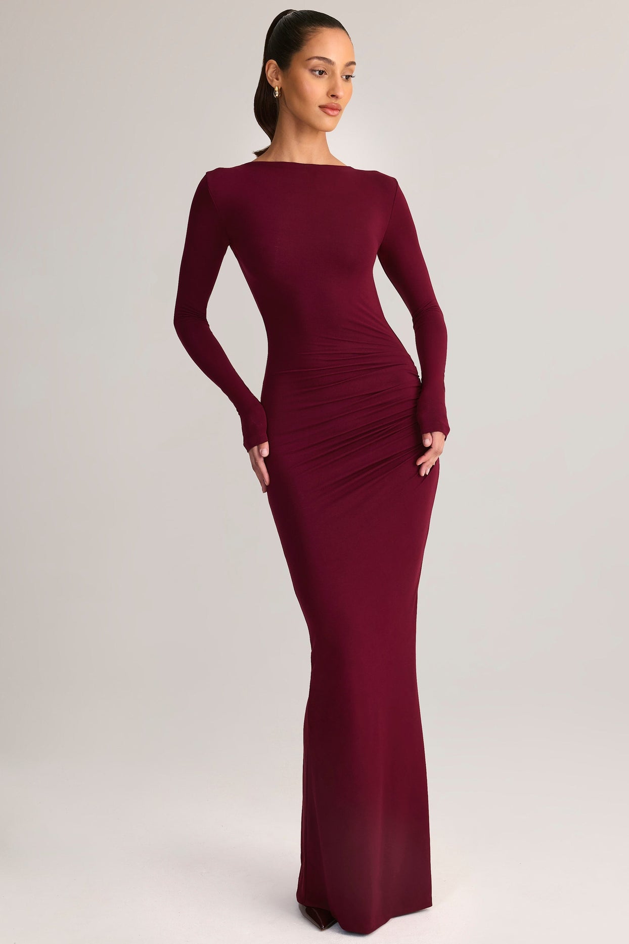 Modal Ruched Backless Maxi Dress in Wine