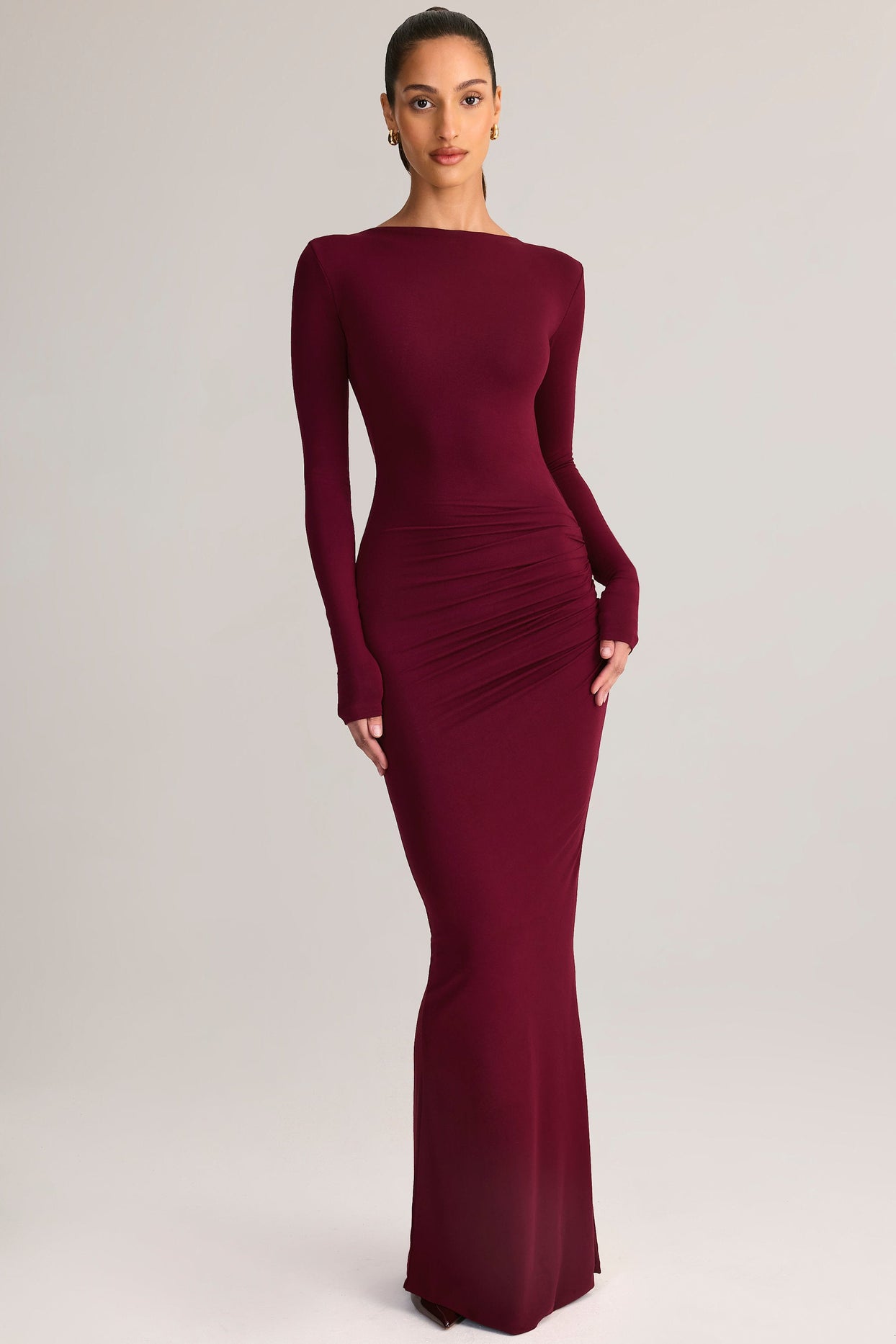 Modal Ruched Backless Maxi Dress in Wine