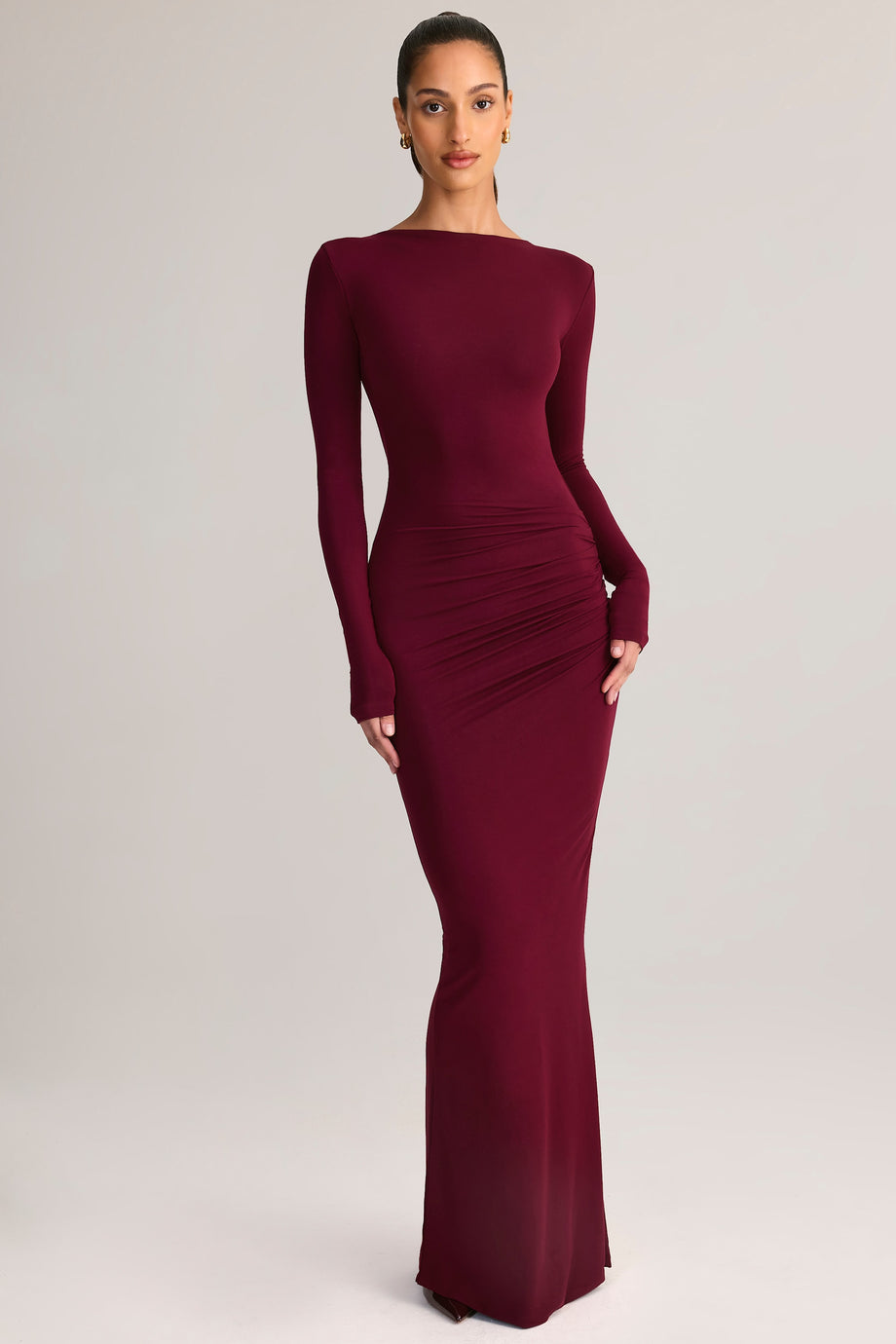 Modal Ruched Backless Maxi Dress in Wine