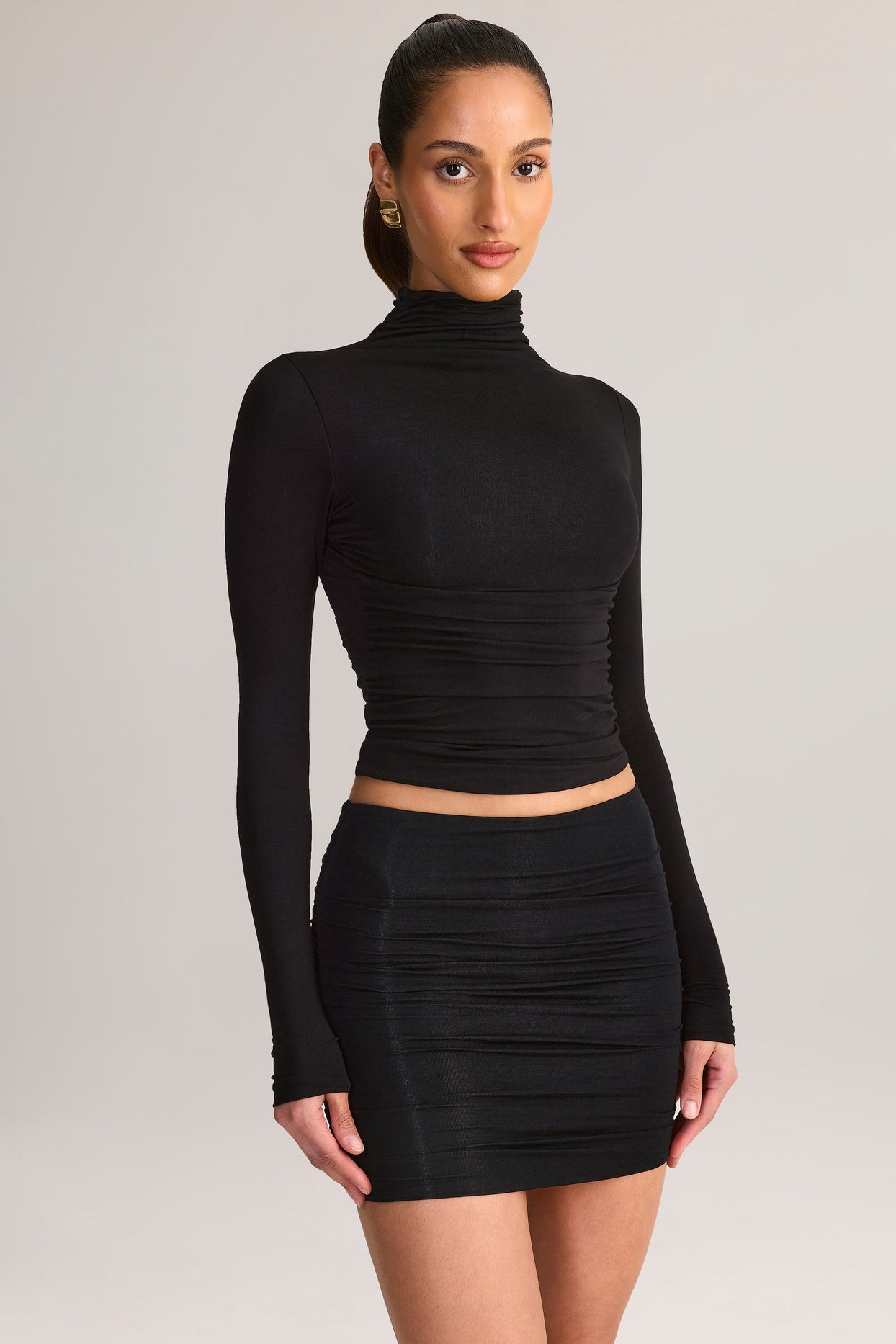 Modal Ruched Backless Turtleneck Top in Black