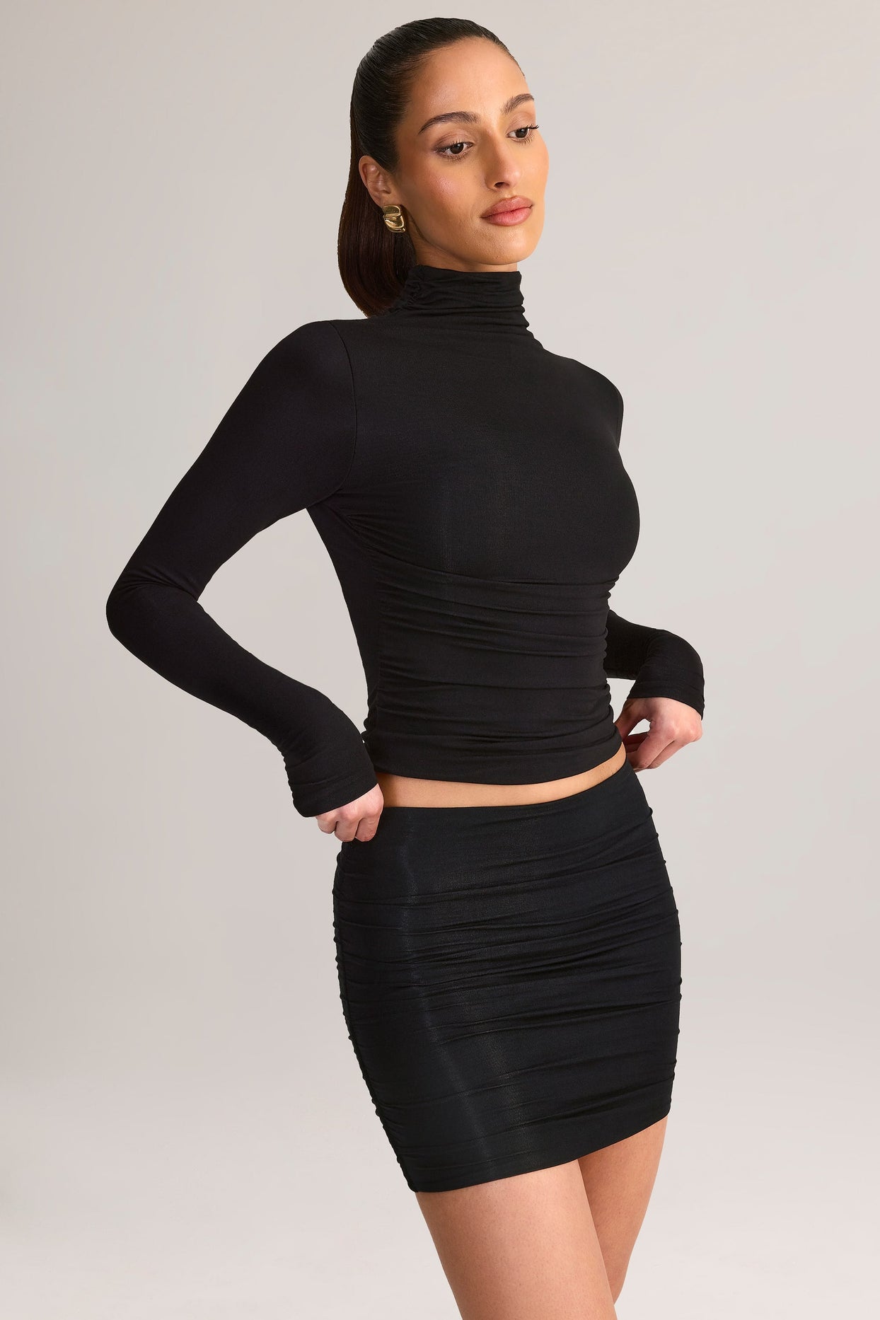Modal Ruched Backless Turtleneck Top in Black