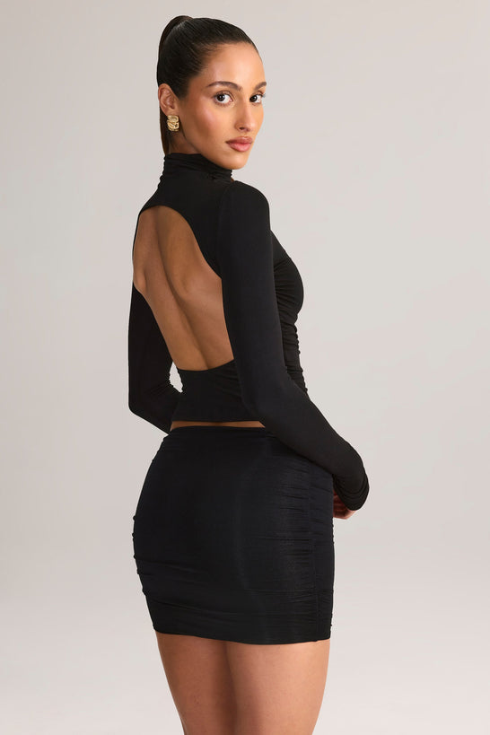 Modal Ruched Backless Turtleneck Top in Black
