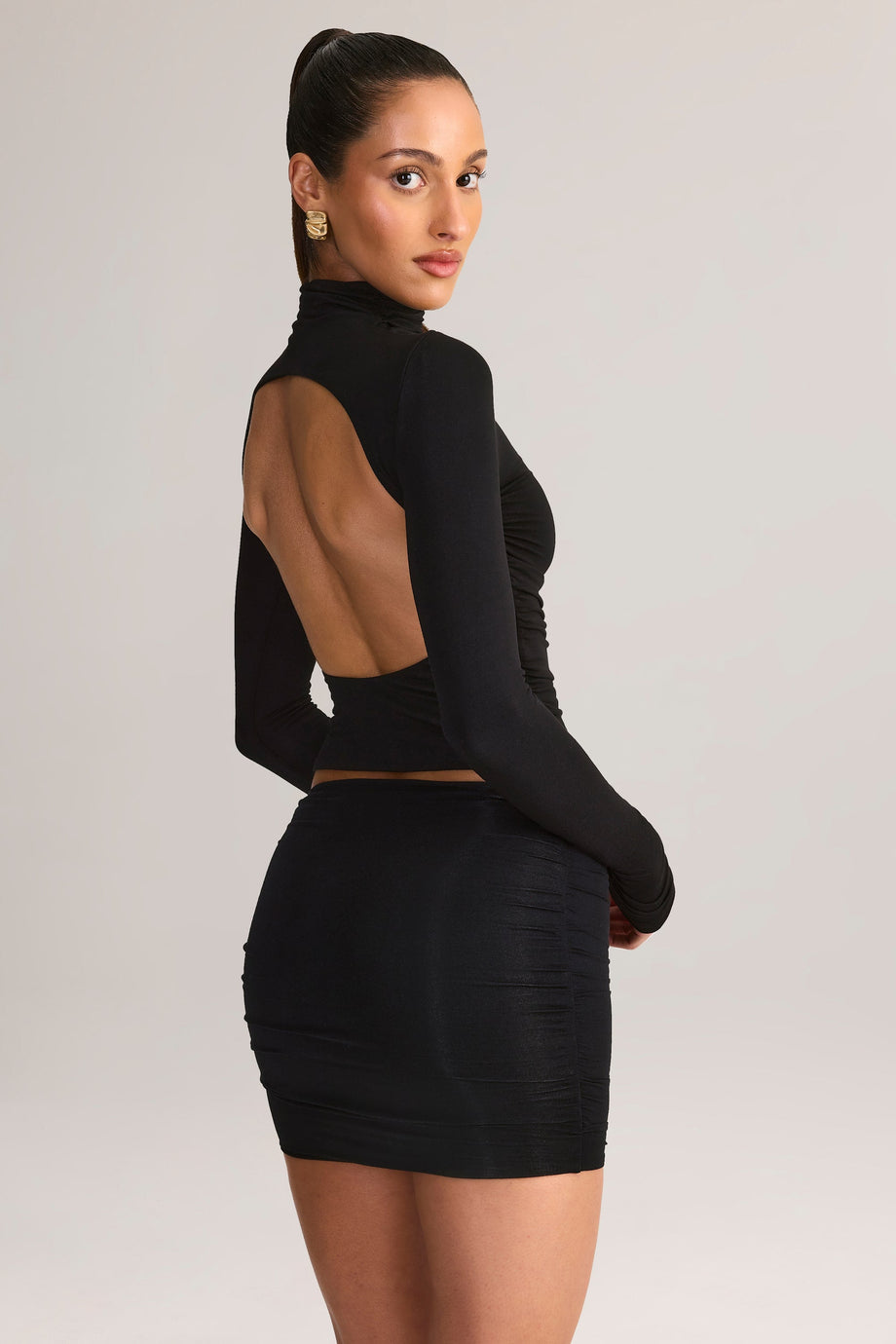 Modal Ruched Backless Turtleneck Top in Black