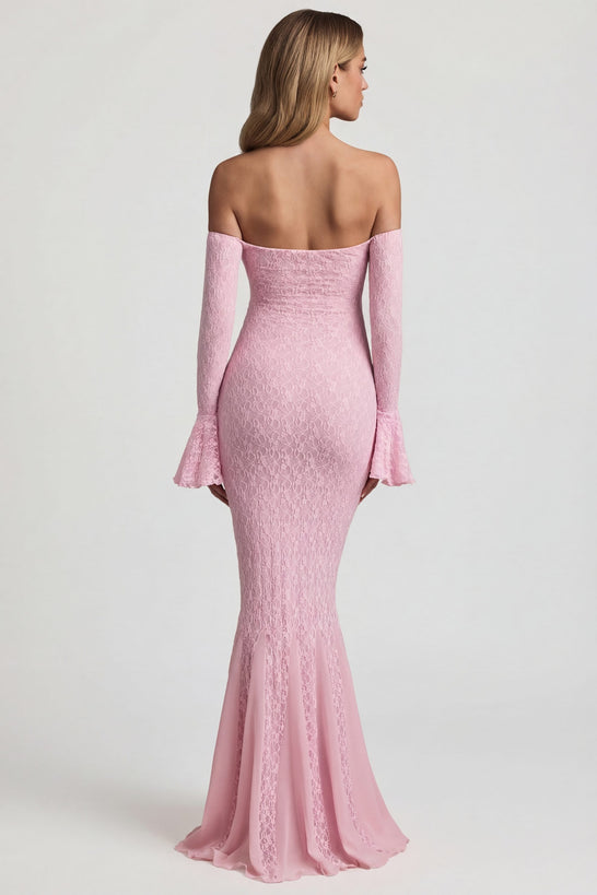 Oh Polly's Freya Tidy wearing the Verena Maxi Dress in Soft Pink Stretch Lace fabric perfect for romantic date nights