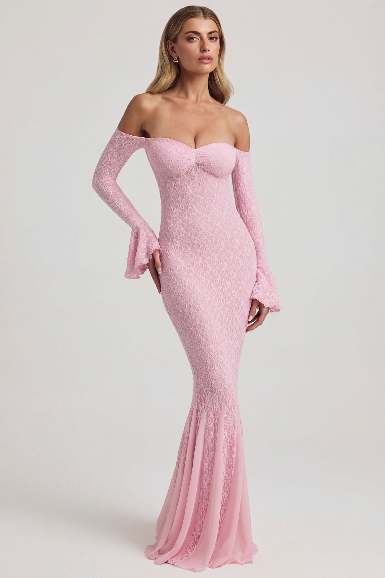 Oh Polly's Freya Tidy wearing the Verena Maxi Dress in Soft Pink Stretch Lace fabric perfect for bridal showers