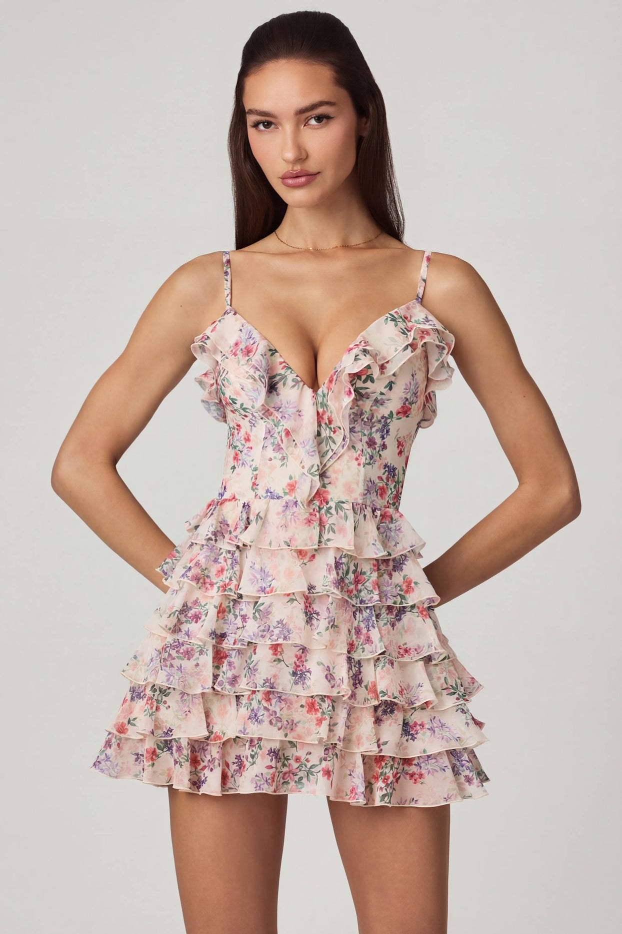 Oh Polly's Anna wearing the Lolina Mini Dress in Primose Floral Print Mesh fabric perfect for wedding guest style