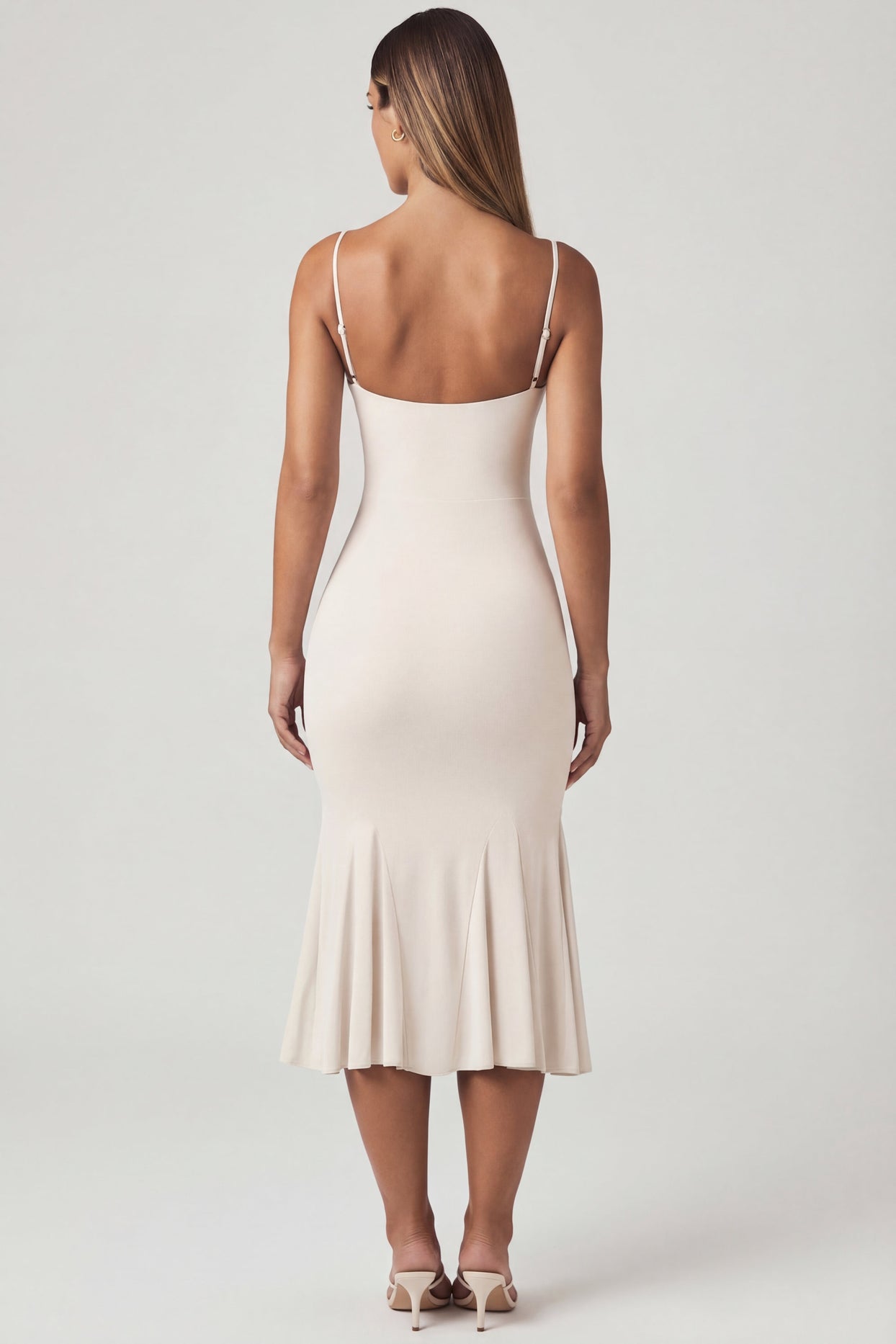 Oh Polly's Anna wearing the Elowen Midaxi Dress in Ivory Crepe, Jersey fabric perfect for summer garden parties