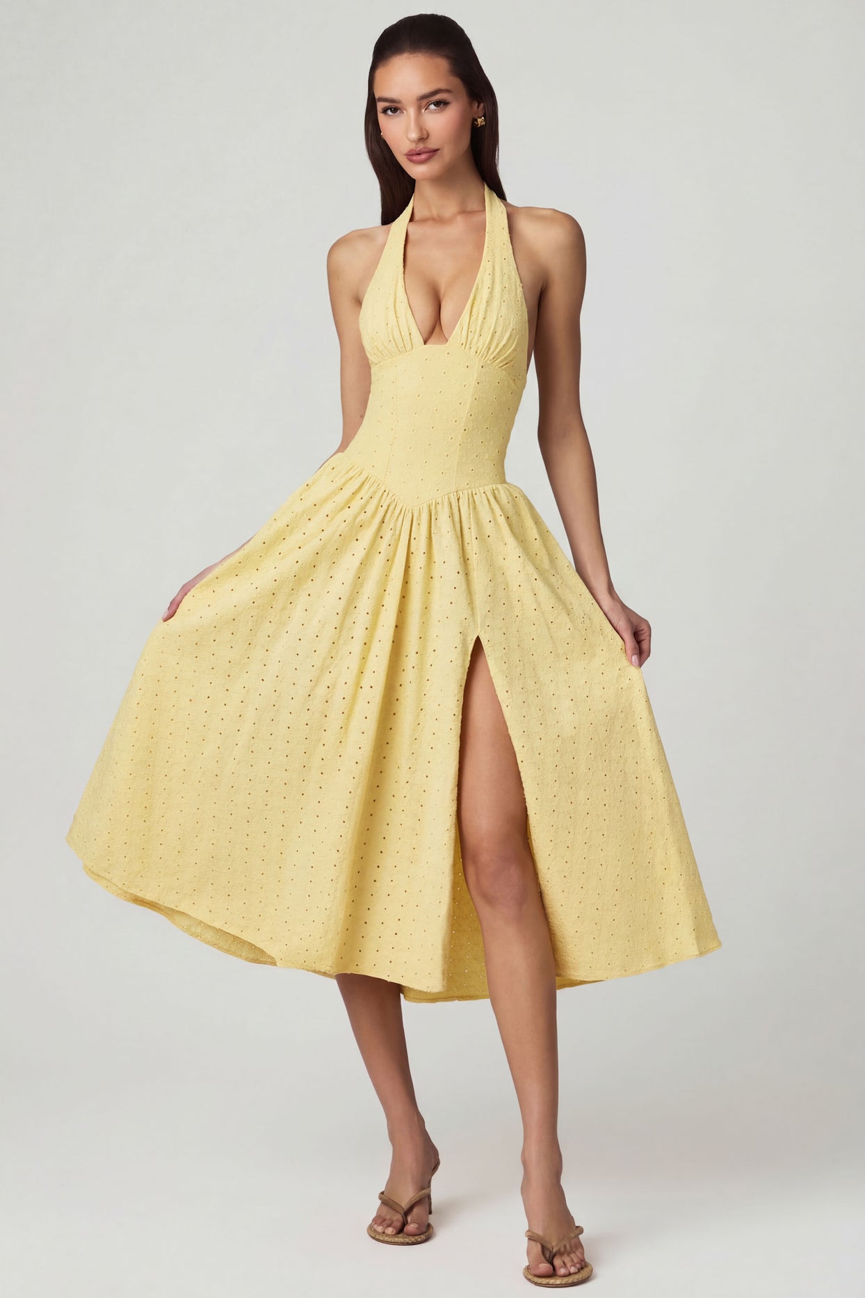 Oh Polly's Anna wearing the Farrah Maxi Dress in Lemon Yellow Cotton Jersey fabric perfect for summer garden parties