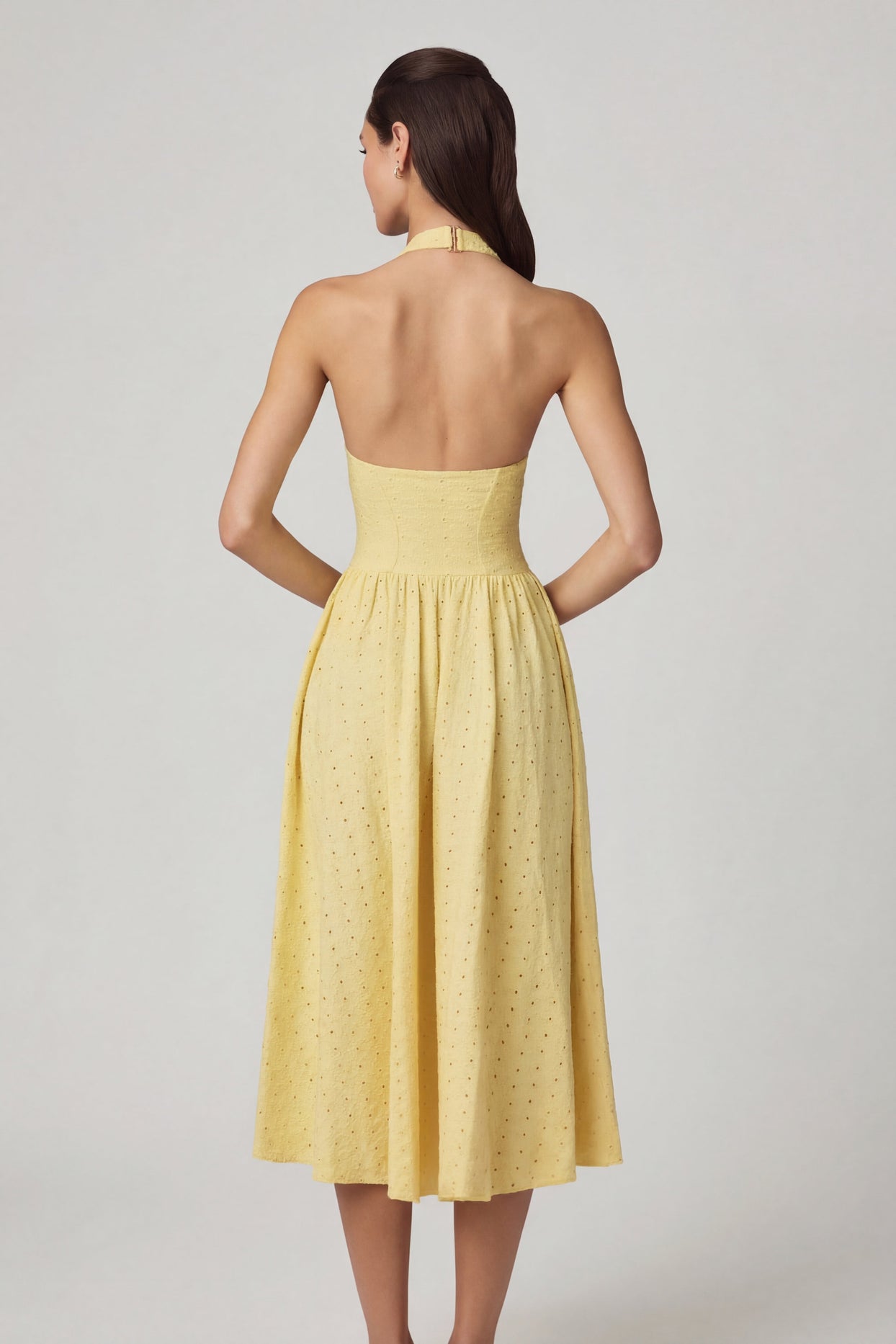 Oh Polly's Anna wearing the Farrah Maxi Dress in Lemon Yellow Cotton Jersey fabric perfect for summer garden parties