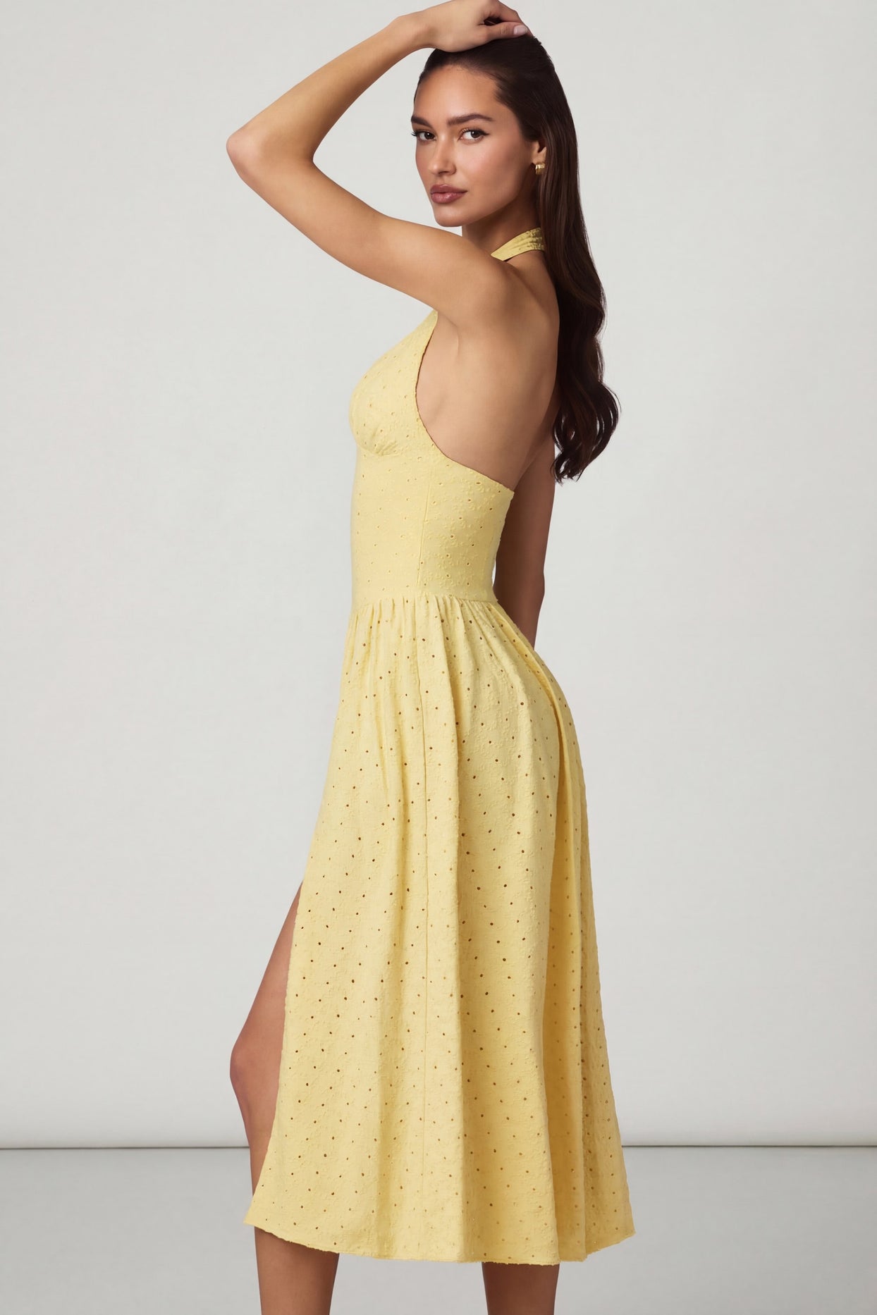Oh Polly's Anna wearing the Farrah Maxi Dress in Lemon Yellow Cotton Jersey fabric perfect for daytime weddings