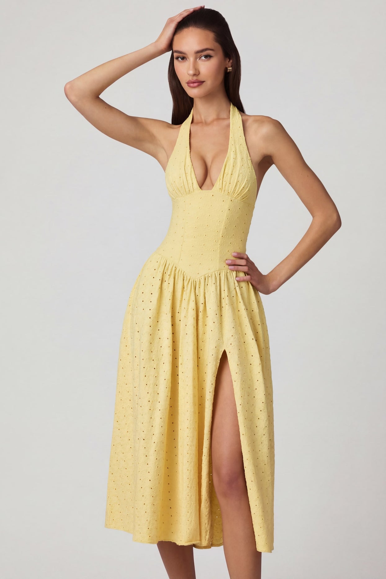 Oh Polly's Anna wearing the Farrah Maxi Dress in Lemon Yellow Cotton Jersey fabric perfect for daytime weddings