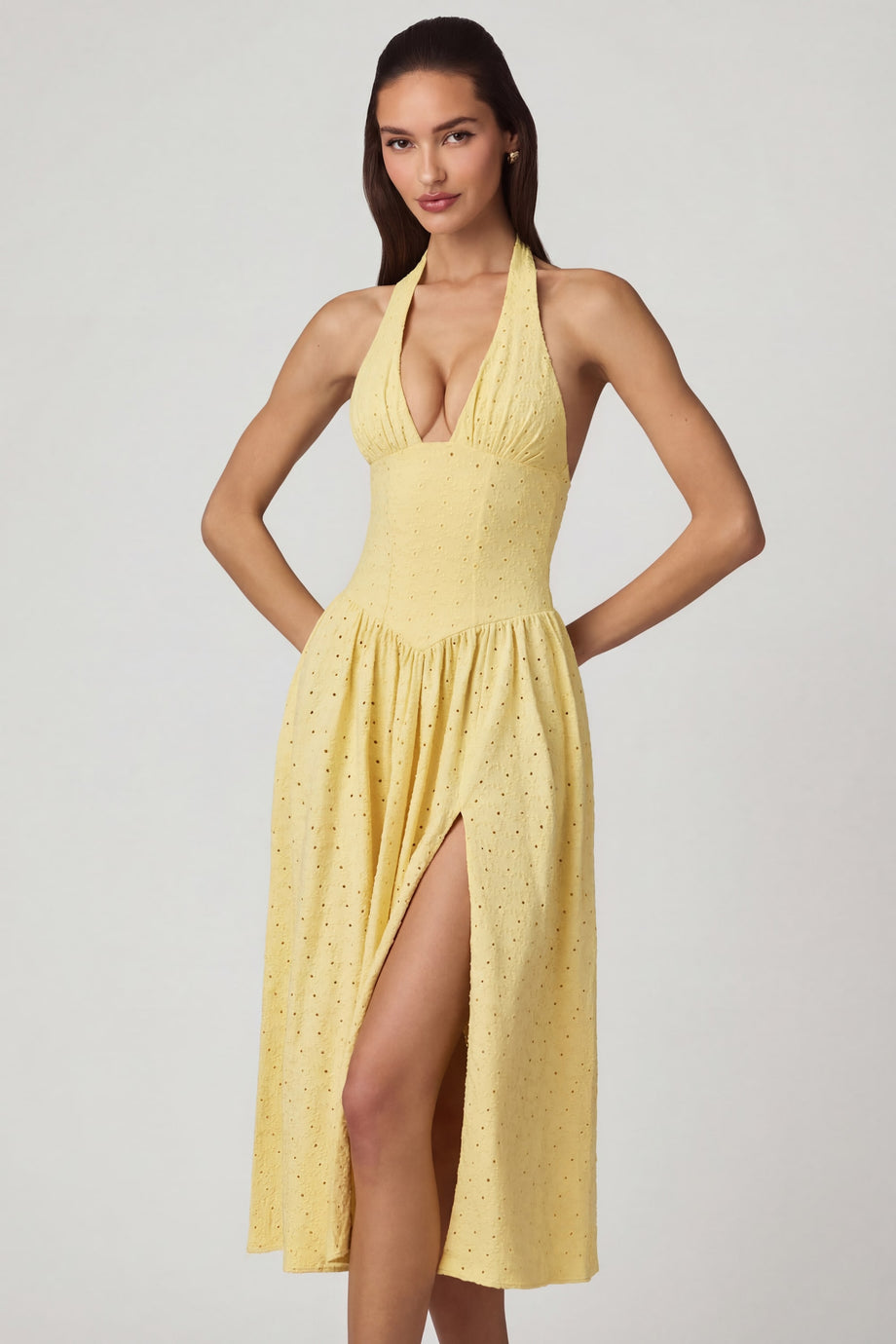 Oh Polly's Anna wearing the Farrah Maxi Dress in Lemon Yellow Cotton Jersey fabric perfect for holiday getaways