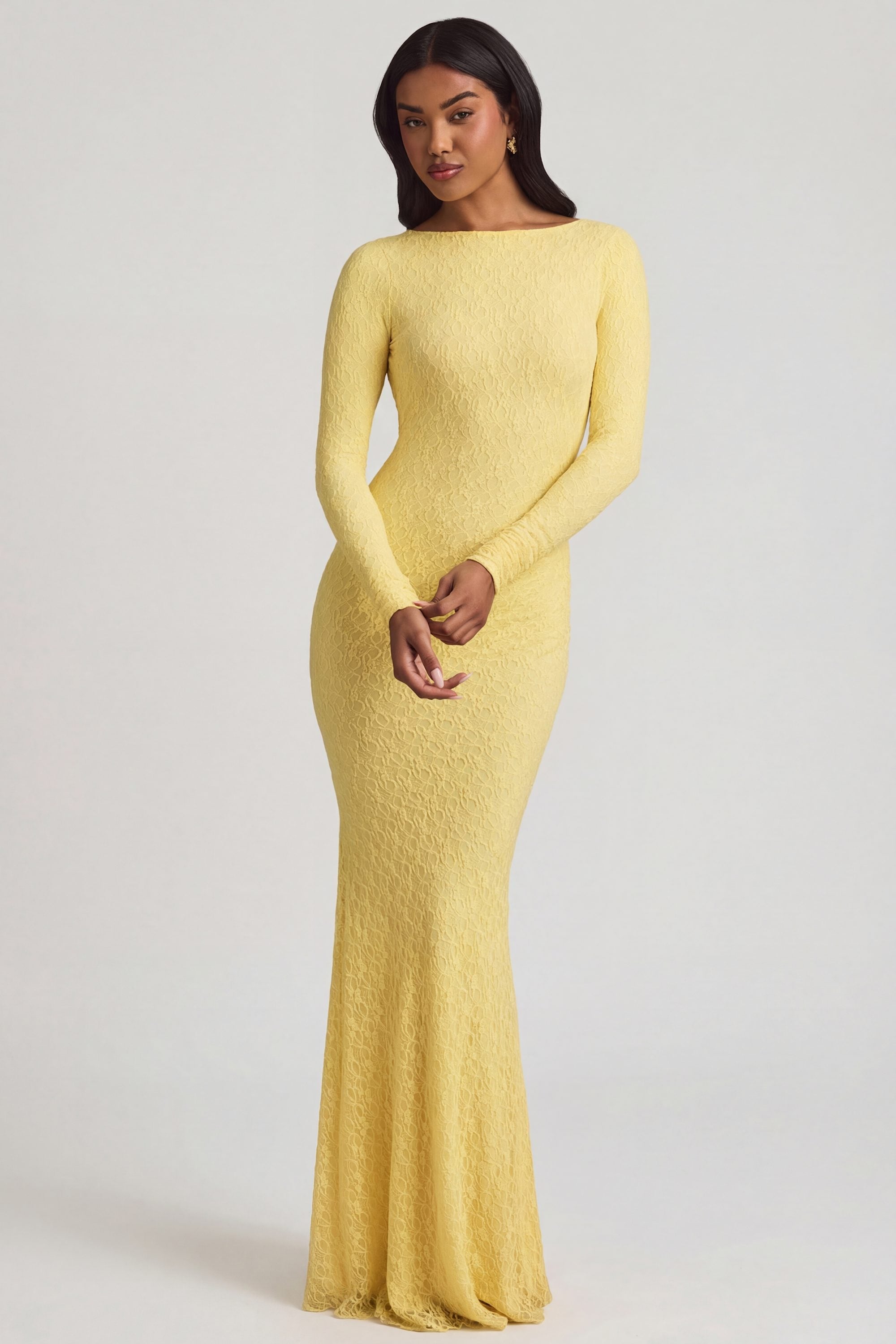 Ruched Backless Lace Maxi Dress in Pastel Yellow