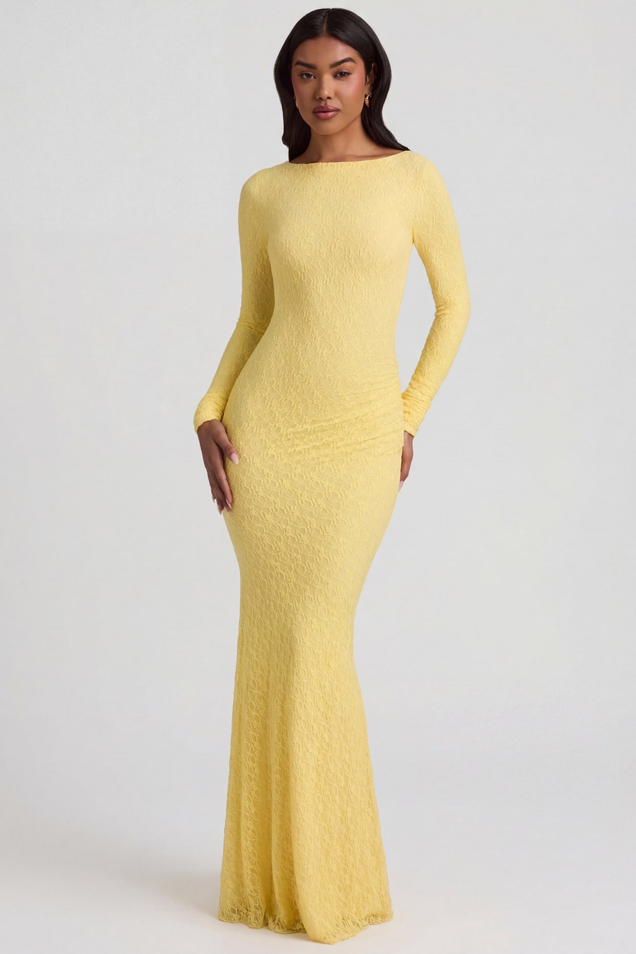 Ruched Backless Lace Maxi Dress in Pastel Yellow - 10