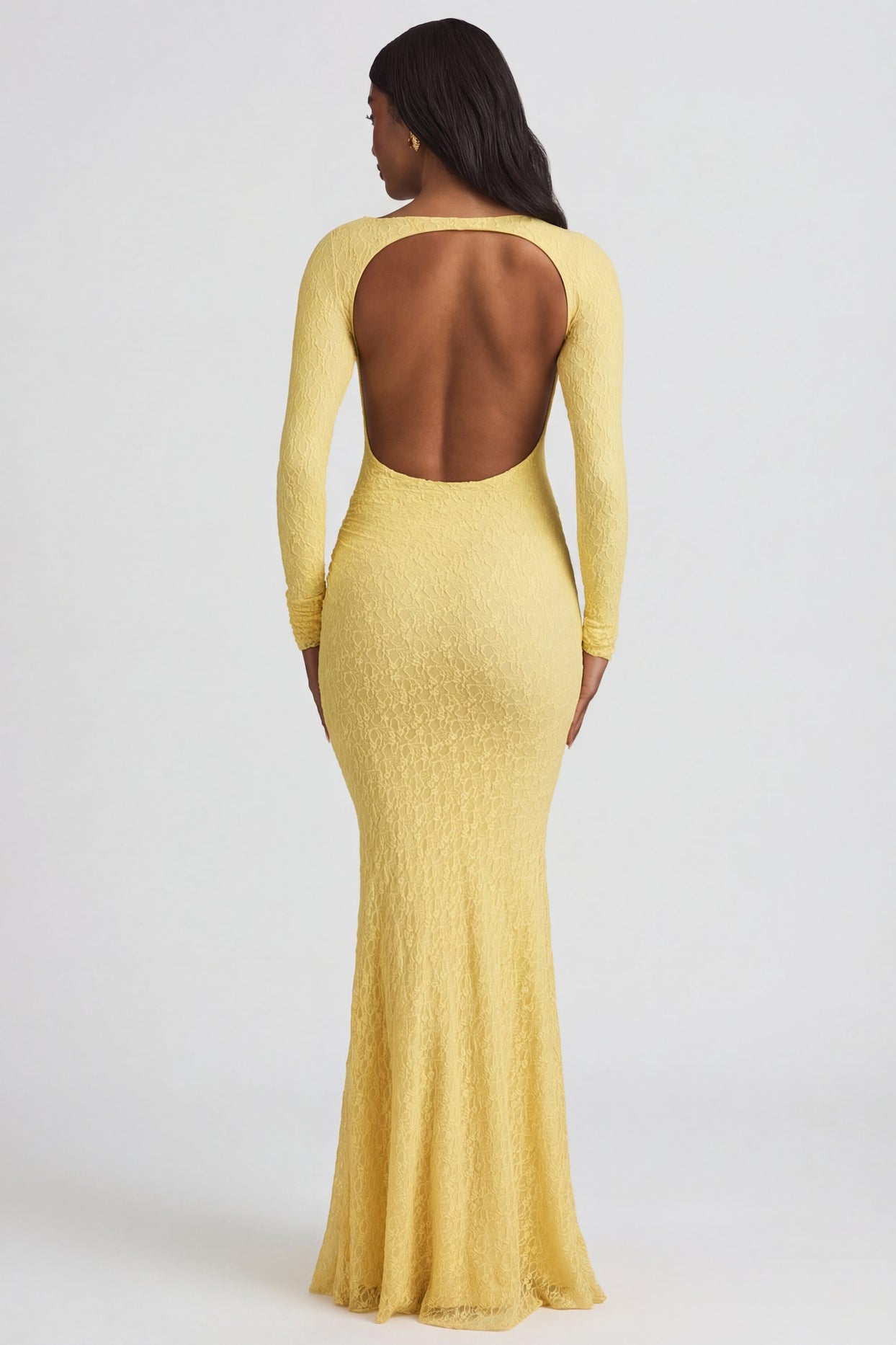 Ruched Backless Lace Maxi Dress in Pastel Yellow - 5