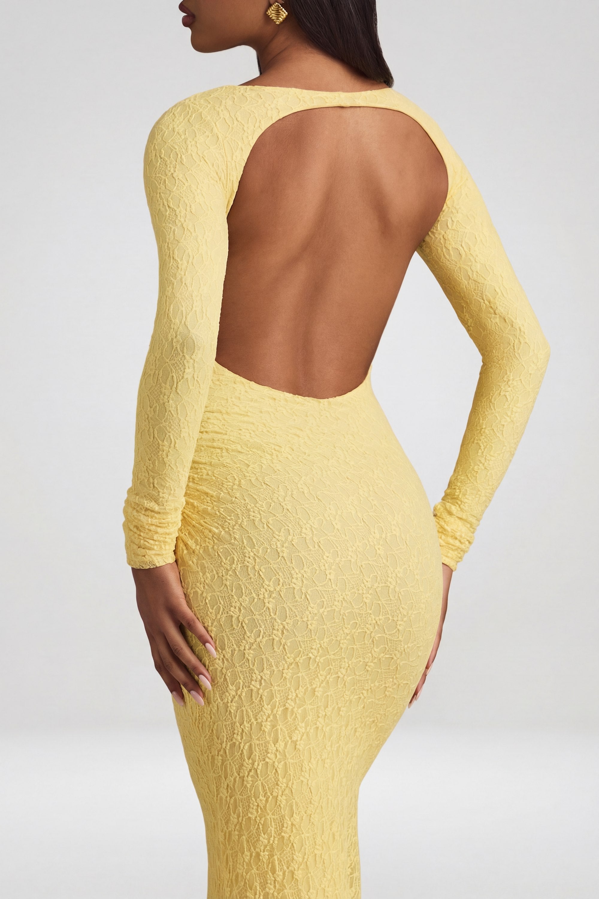 Ruched Backless Lace Maxi Dress in Pastel Yellow
