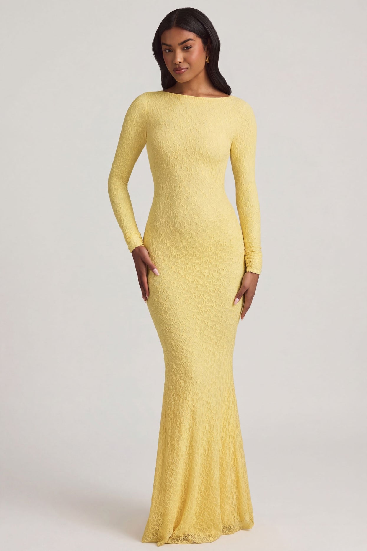 Ruched Backless Lace Maxi Dress in Pastel Yellow - 7