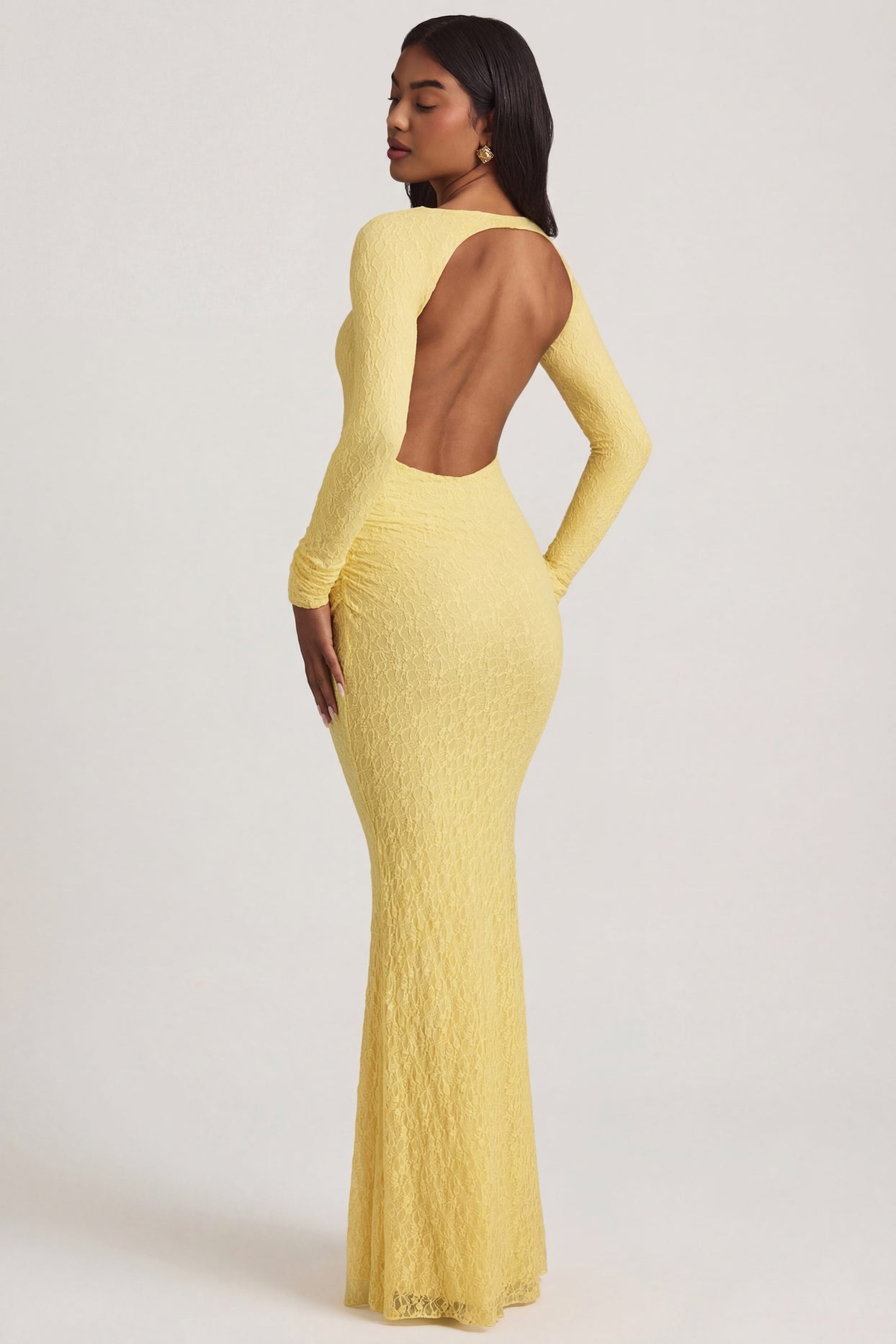 Ruched Backless Lace Maxi Dress in Pastel Yellow - 2