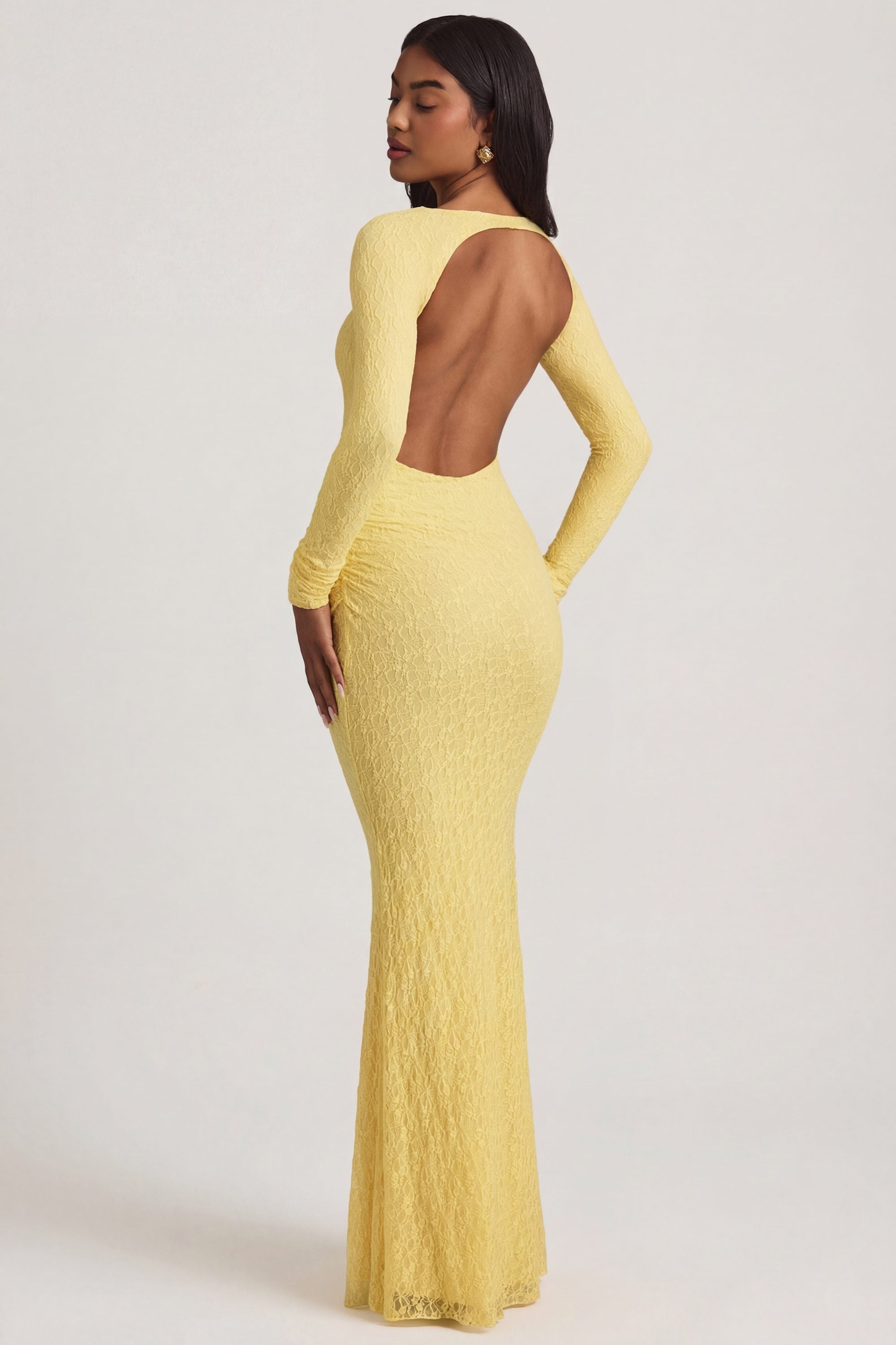 Ruched Backless Lace Maxi Dress in Pastel Yellow