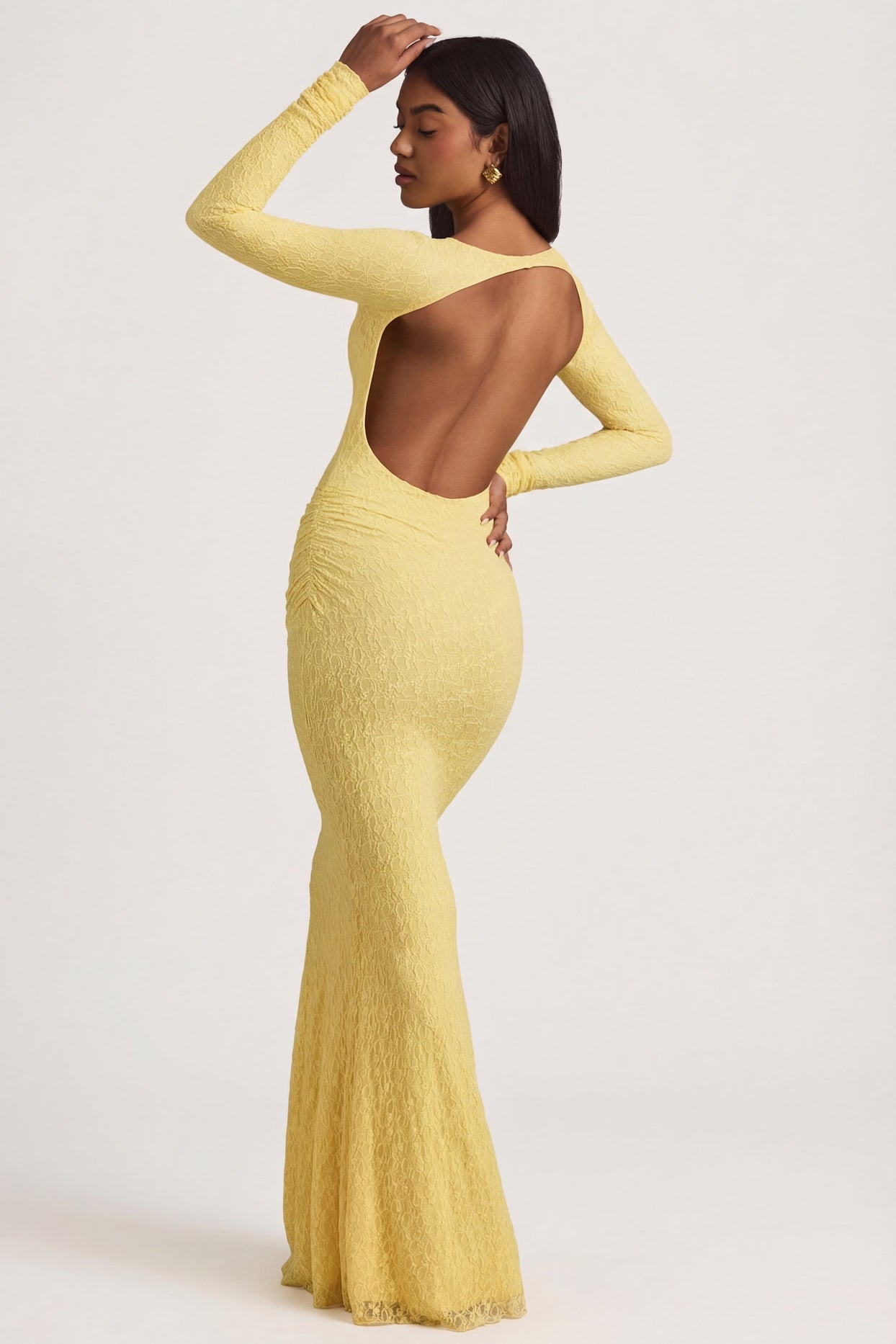 Ruched Backless Lace Maxi Dress in Pastel Yellow - 8